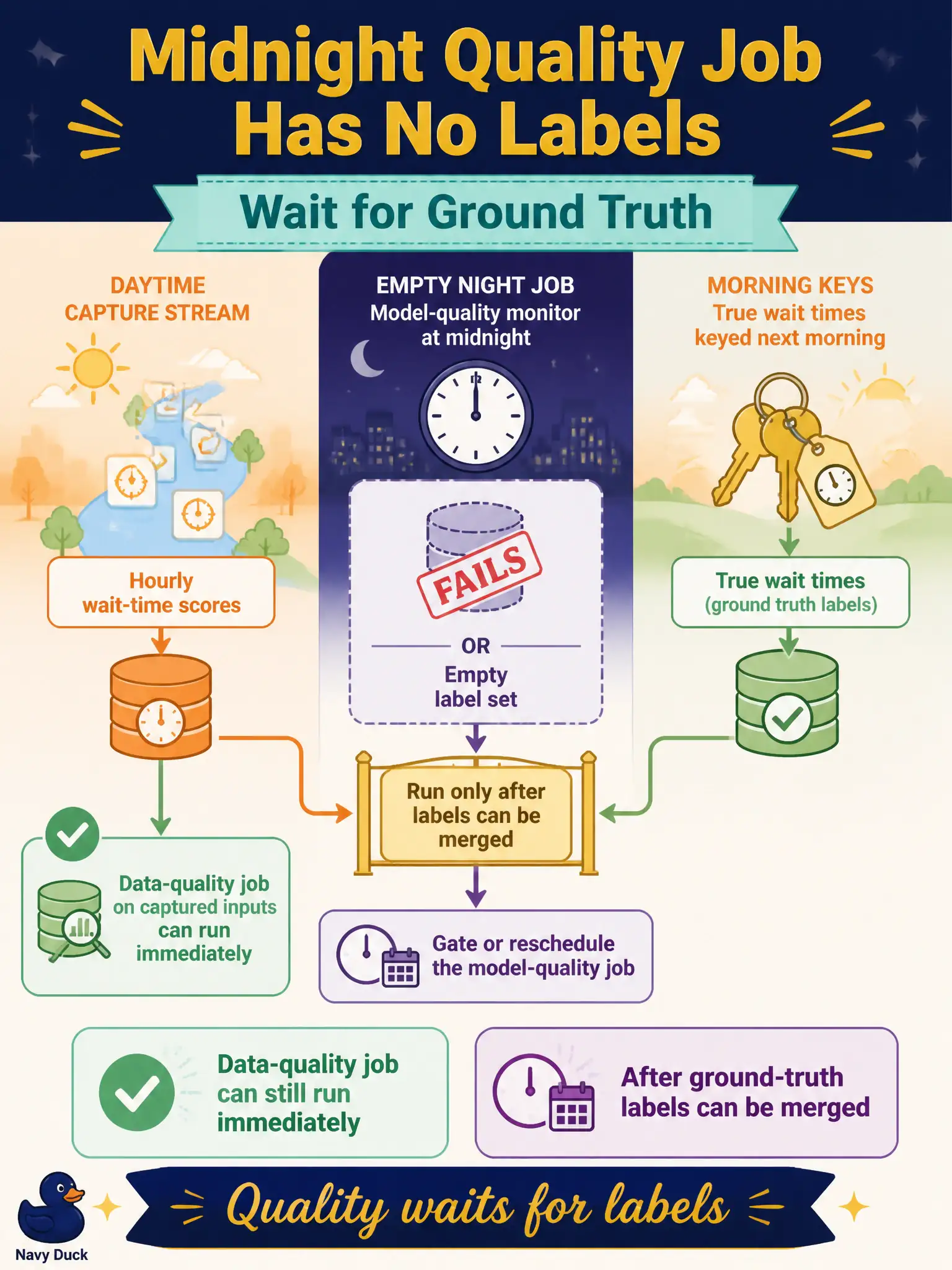 To Create an exciting colorful infographic that explains the concepts in the question: Question: A licensing desk captures hourly wait-time scores all day. True wait times are keyed the next morning. A model-quality monitor that runs at midnight always fails or scores an empty label set. What should they do? Correct Answer: Gate or reschedule the model-quality job so it runs only after ground-truth labels can be merged. A data-quality job on the captured inputs can still run immediately. Put EVERY visible label in double quotes. No people. No A/B/C/D letters. In one of the four corners put a little "Navy Duck".