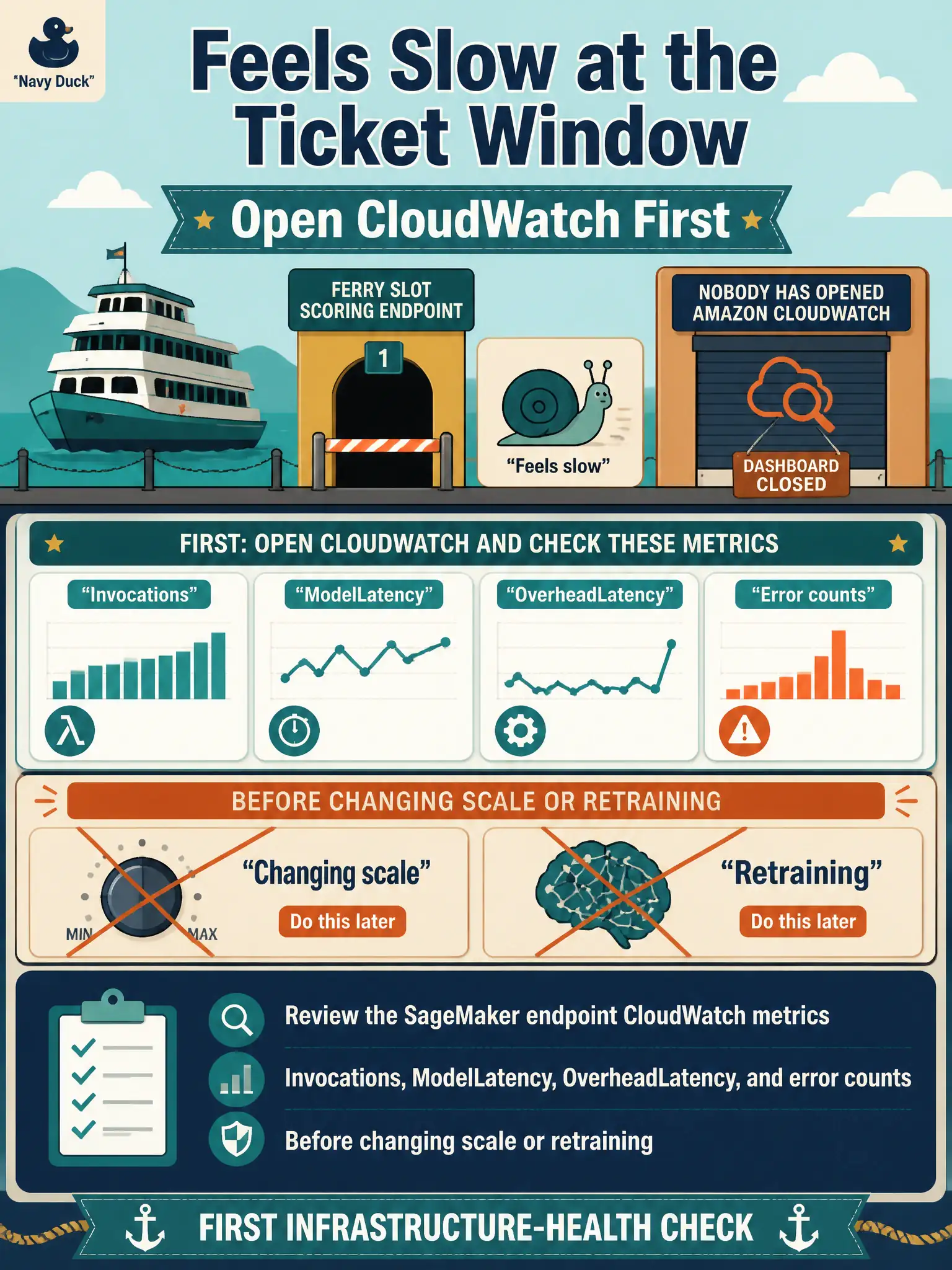 To Create an exciting colorful infographic that explains the concepts in the question: Question: A ferry-slot scoring endpoint “feels slow” at the ticket window. Nobody has opened Amazon CloudWatch. What is the first infrastructure-health check? Correct Answer: Review the SageMaker endpoint CloudWatch metrics (Invocations, ModelLatency, OverheadLatency, and error counts) before changing scale or retraining. Put EVERY visible label in double quotes. No people. No A/B/C/D letters. In one of the four corners put a little "Navy Duck".