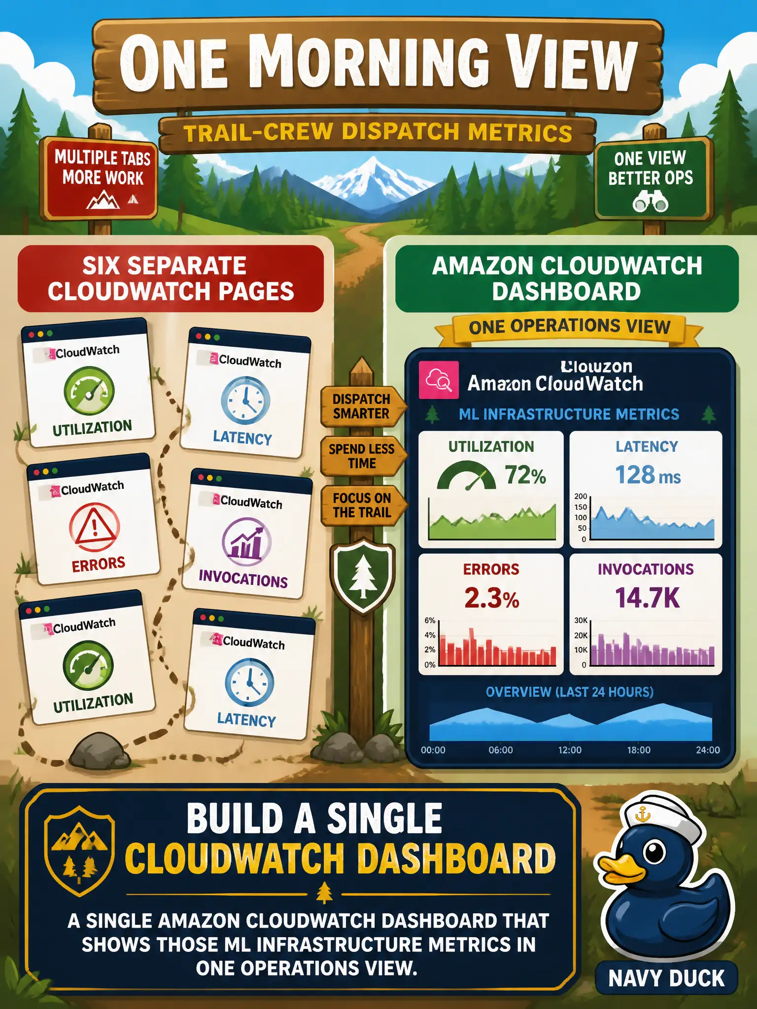 To Create an exciting colorful infographic that explains the concepts in the question: Question: Trail-crew dispatch opens six separate CloudWatch pages every morning to check utilization, latency, errors, and invocations. What should they build? Correct Answer: A single Amazon CloudWatch dashboard that shows those ML infrastructure metrics in one operations view. Put EVERY visible label in double quotes. No people. No A/B/C/D letters. In one of the four corners put a little "Navy Duck".