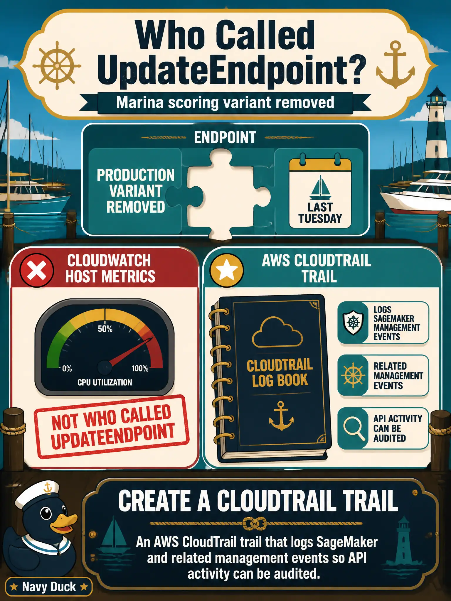 To Create an exciting colorful infographic that explains the concepts in the question: Question: Someone removed a production variant from a marina scoring endpoint last Tuesday. CloudWatch has host metrics, not who called UpdateEndpoint. What should they create? Correct Answer: An AWS CloudTrail trail that logs SageMaker and related management events so API activity can be audited. Put EVERY visible label in double quotes. No people. No A/B/C/D letters. In one of the four corners put a little "Navy Duck".