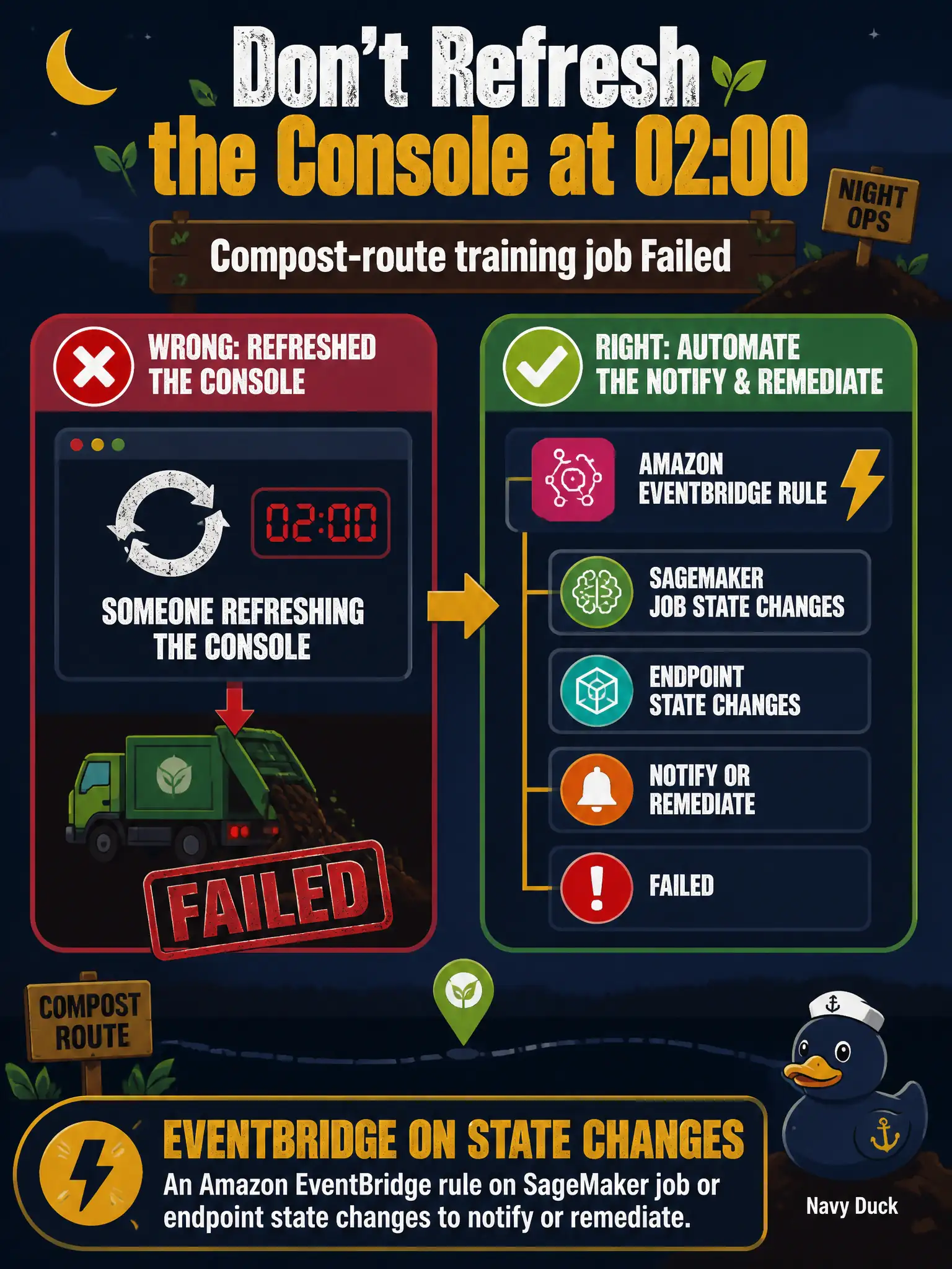 To Create an exciting colorful infographic that explains the concepts in the question: Question: A compost-route training job flipped to Failed at 02:00. The page came from someone refreshing the console. How should infrastructure failures notify the team? Correct Answer: An Amazon EventBridge rule on SageMaker job or endpoint state changes to notify or remediate. Put EVERY visible label in double quotes. No people. No A/B/C/D letters. In one of the four corners put a little "Navy Duck".