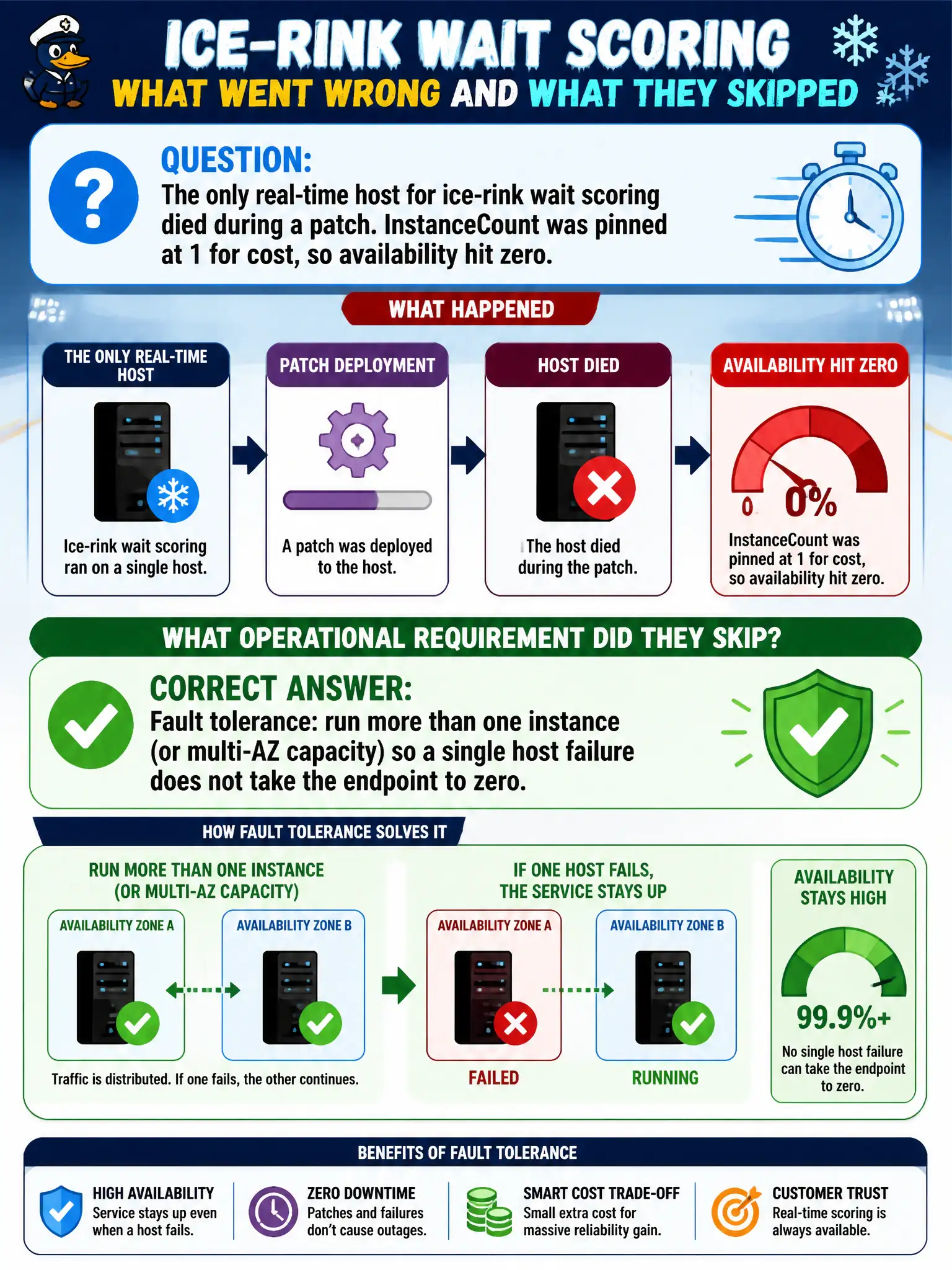 To Create an exciting colorful infographic that explains the concepts in the question: Question: The only real-time host for ice-rink wait scoring died during a patch. InstanceCount was pinned at 1 for cost, so availability hit zero. What operational requirement did they skip? Correct Answer: Fault tolerance: run more than one instance (or multi-AZ capacity) so a single host failure does not take the endpoint to zero. Put EVERY visible label in double quotes. No people. No A/B/C/D letters. In one of the four corners put a little "Navy Duck".