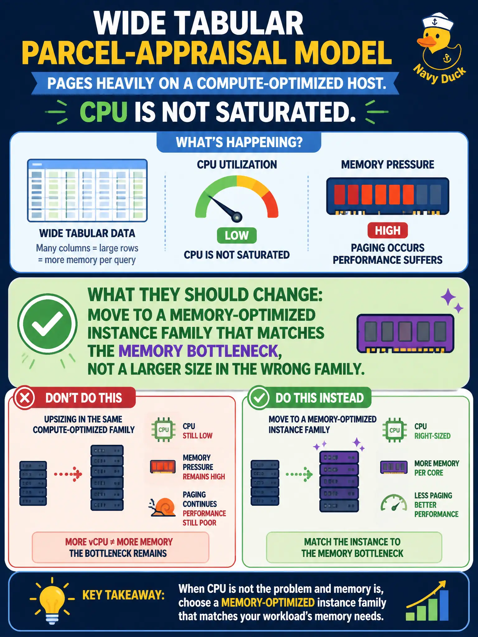 To Create an exciting colorful infographic that explains the concepts in the question: Question: A wide tabular parcel-appraisal model pages heavily on a compute-optimized host. CPU is not saturated. What should they change? Correct Answer: Move to a memory-optimized instance family that matches the memory bottleneck, not a larger size in the wrong family. Put EVERY visible label in double quotes. No people. No A/B/C/D letters. In one of the four corners put a little "Navy Duck".