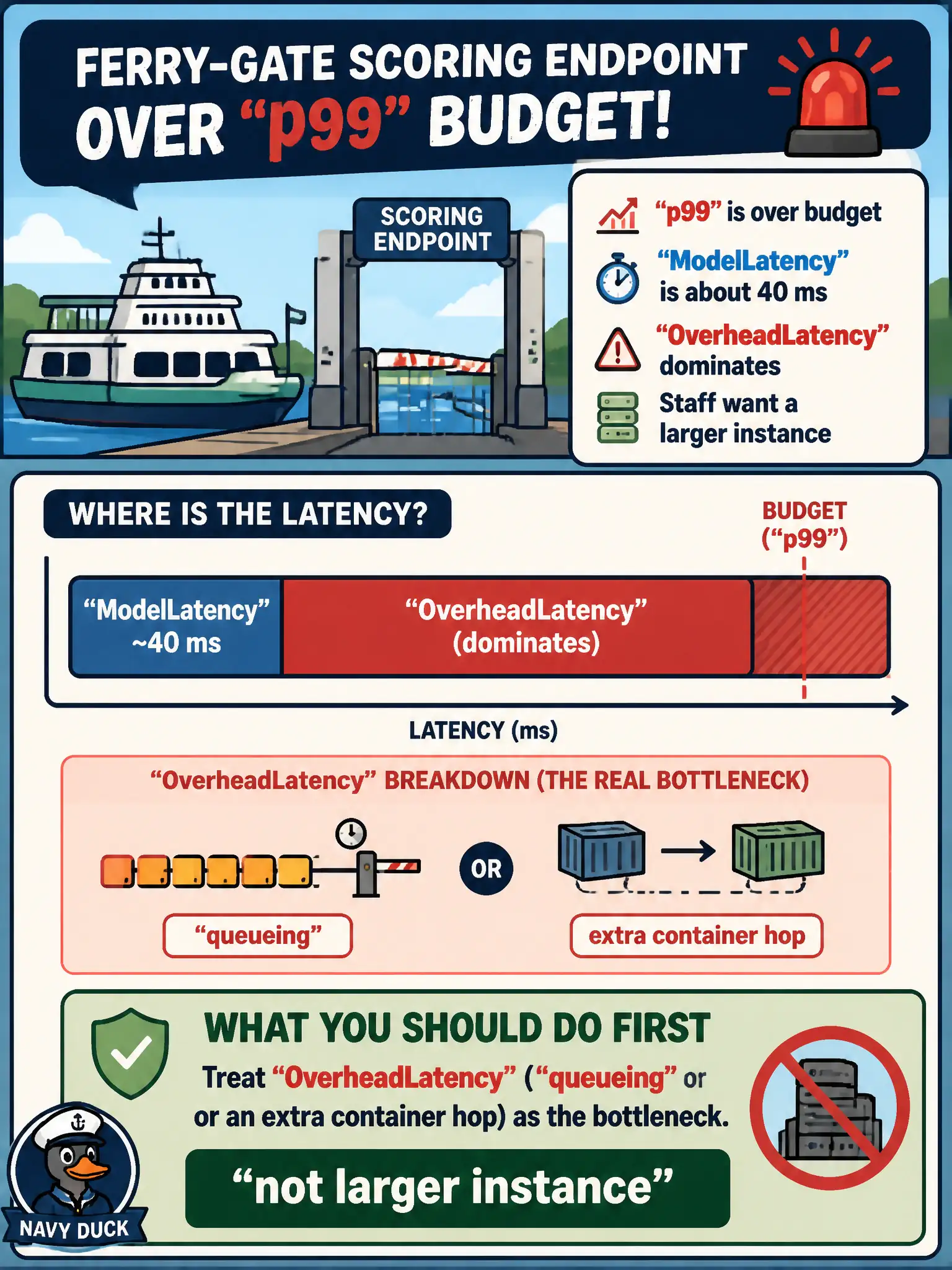 To Create an exciting colorful infographic that explains the concepts in the question: Question: A ferry-gate scoring endpoint is over its p99 budget. ModelLatency is about 40 ms, and OverheadLatency dominates. Staff want a larger instance. What should they do first? Correct Answer: Treat OverheadLatency (queueing or an extra container hop) as the bottleneck. A larger instance will not fix that split. Put EVERY visible label in double quotes. No people. No A/B/C/D letters. In one of the four corners put a little "Navy Duck".