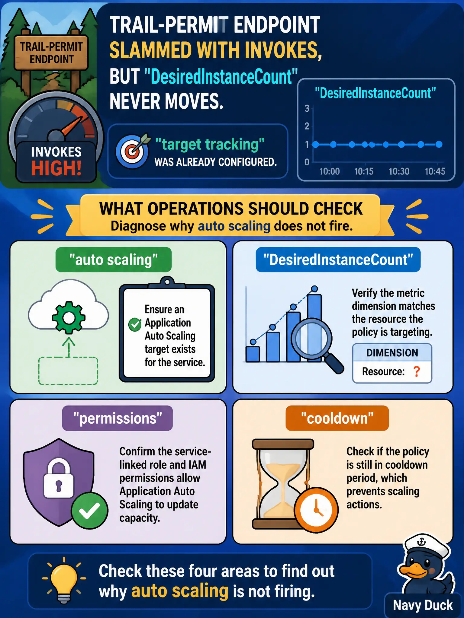 To Create an exciting colorful infographic that explains the concepts in the question: Question: A trail-permit endpoint is slammed with invokes, but DesiredInstanceCount never moves. Target tracking was already configured. What should operations check? Correct Answer: Diagnose why auto scaling does not fire: missing Application Auto Scaling target, wrong metric dimension, missing permissions, or cooldown. Put EVERY visible label in double quotes. No people. No A/B/C/D letters. In one of the four corners put a little "Navy Duck".