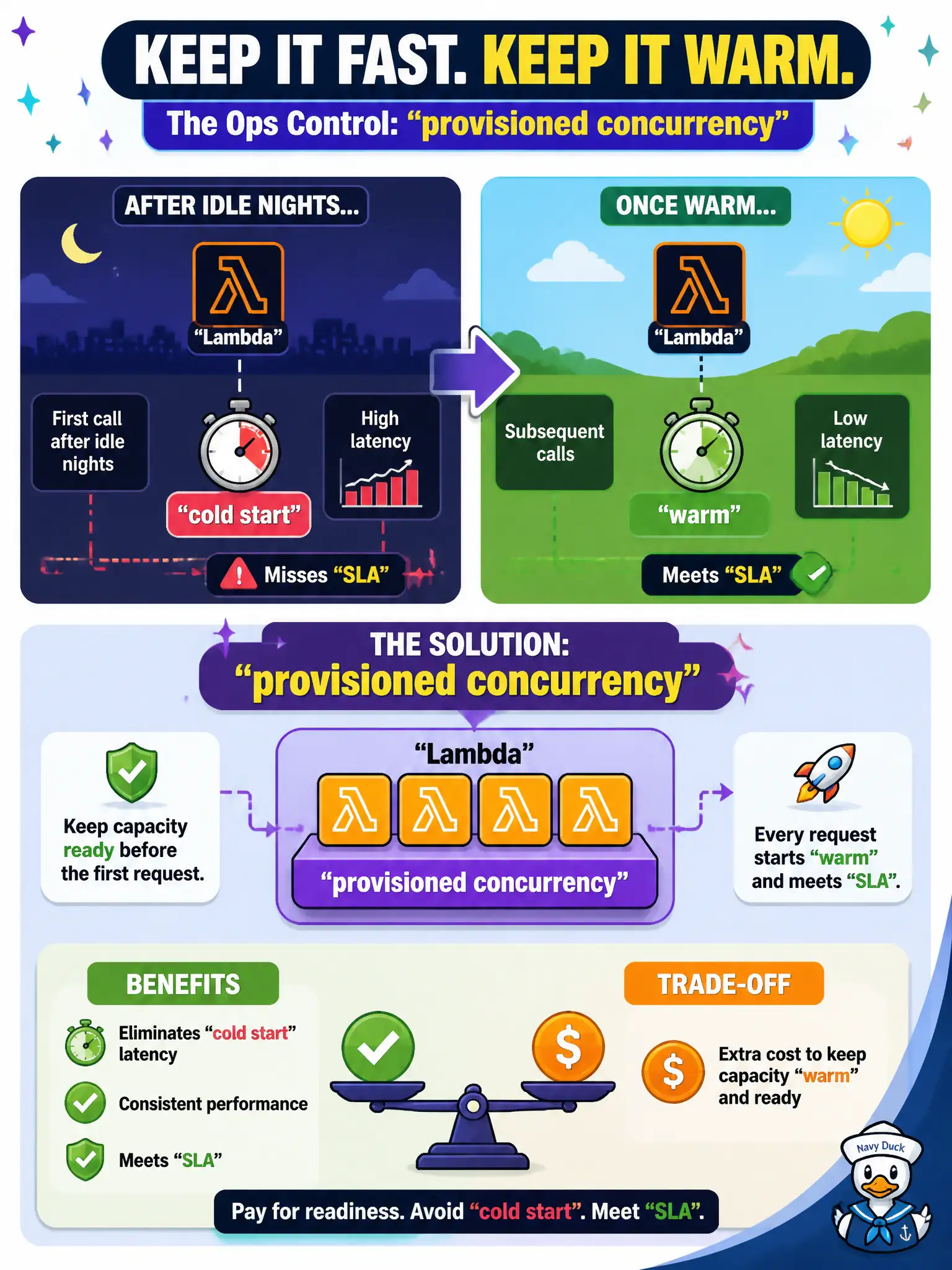 To Create an exciting colorful infographic that explains the concepts in the question: Question: A meter-space wait scorer already runs on AWS Lambda. After it is warm it meets latency, but the first call after idle nights misses the SLA. What ops control should they use? Correct Answer: Lambda provisioned concurrency to keep capacity warm, accepting the extra cost versus cold starts. Put EVERY visible label in double quotes. No people. No A/B/C/D letters. In one of the four corners put a little "Navy Duck".