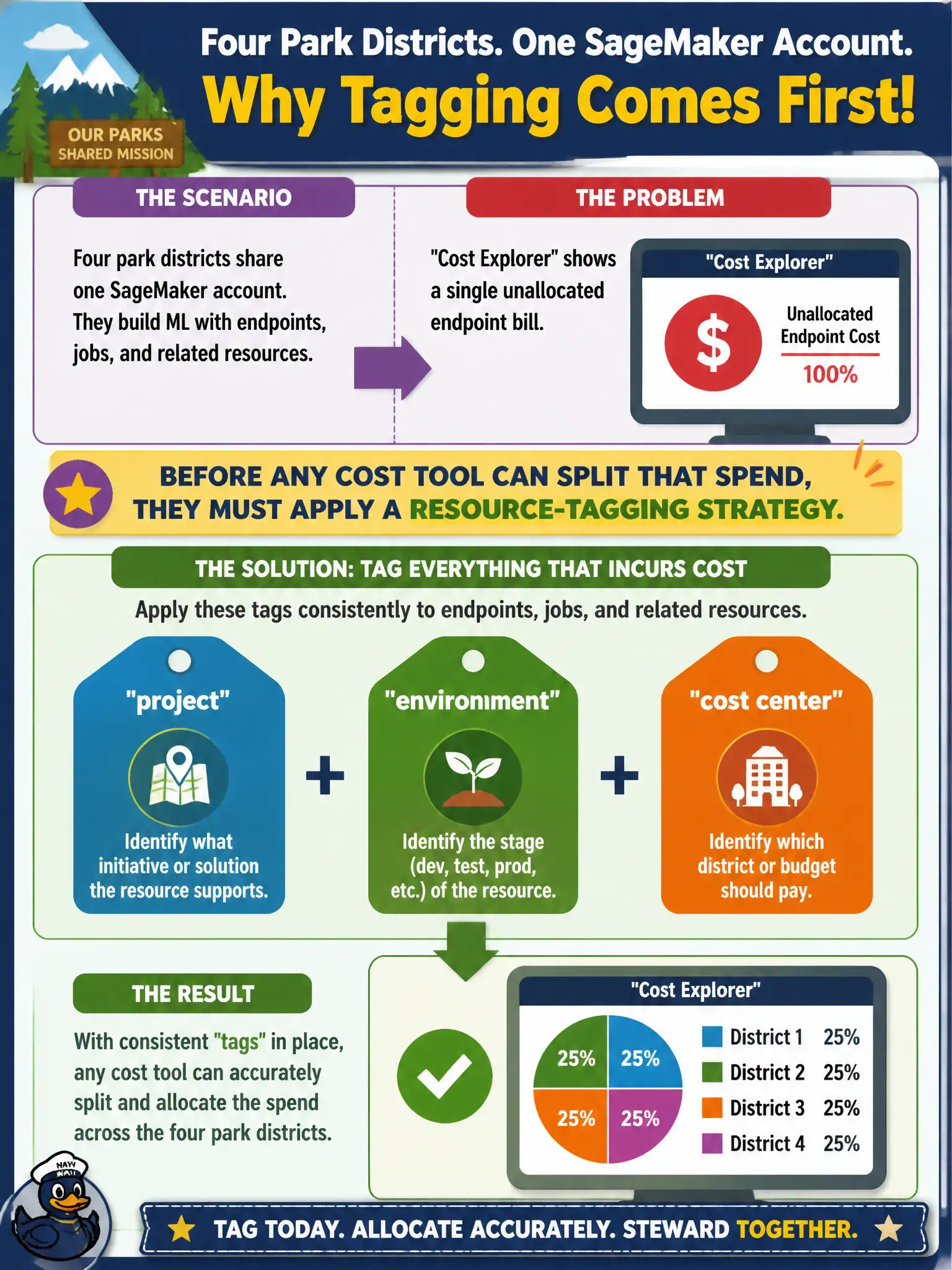 To Create an exciting colorful infographic that explains the concepts in the question: Question: Four park districts share one SageMaker account. Cost Explorer shows a single unallocated endpoint bill. What must they apply before any cost tool can split that spend? Correct Answer: A resource-tagging strategy (project, environment, cost center) on endpoints, jobs, and related resources. Put EVERY visible label in double quotes. No people. No A/B/C/D letters. In one of the four corners put a little "Navy Duck".