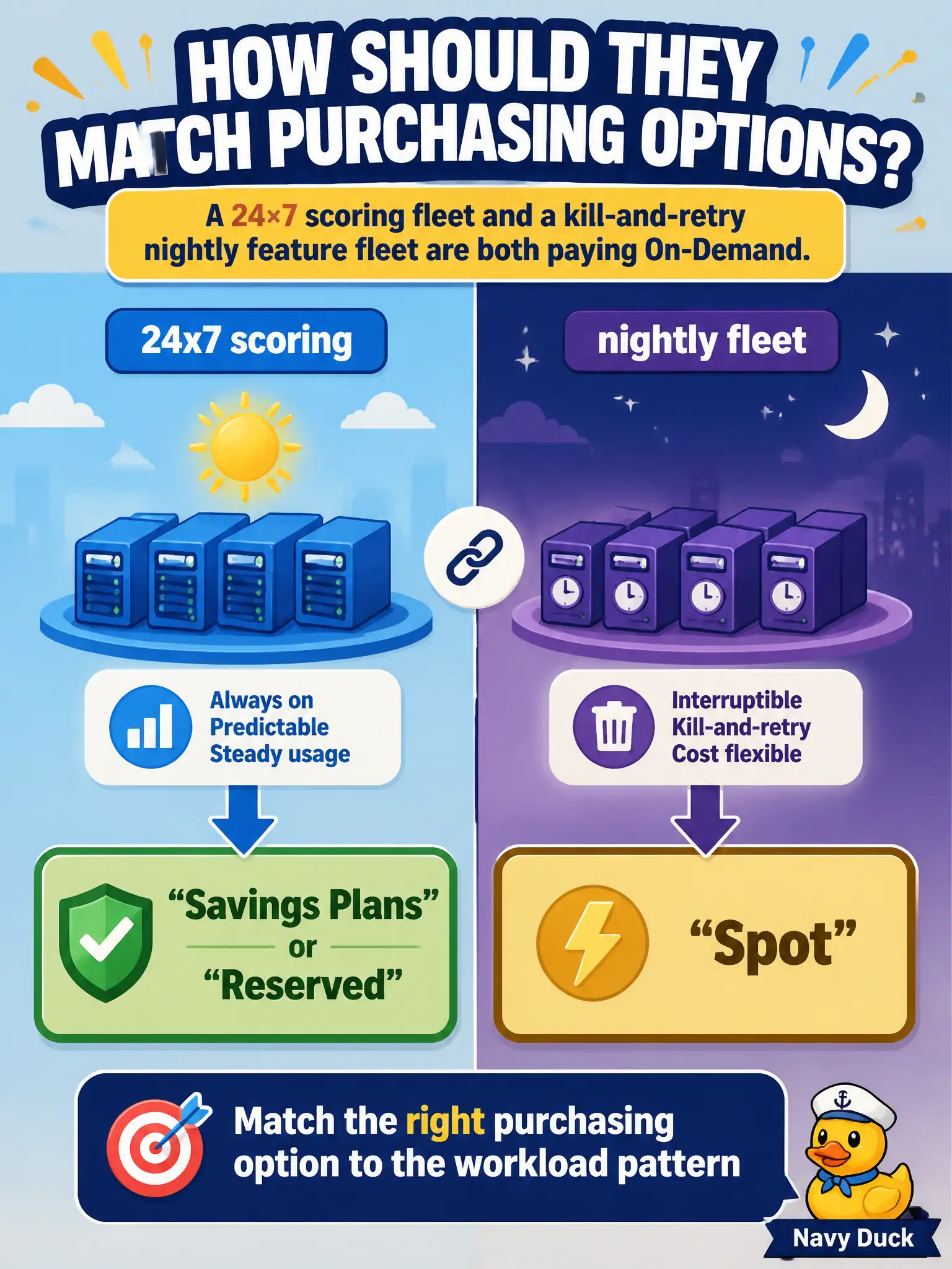 To Create an exciting colorful infographic that explains the concepts in the question: Question: A 24×7 scoring fleet and a kill-and-retry nightly feature fleet are both paying On-Demand. How should they match purchasing options? Correct Answer: Savings Plans or Reserved capacity for the steady scoring fleet, and Spot for the interruptible nightly feature fleet. Put EVERY visible label in double quotes. No people. No A/B/C/D letters. In one of the four corners put a little "Navy Duck".