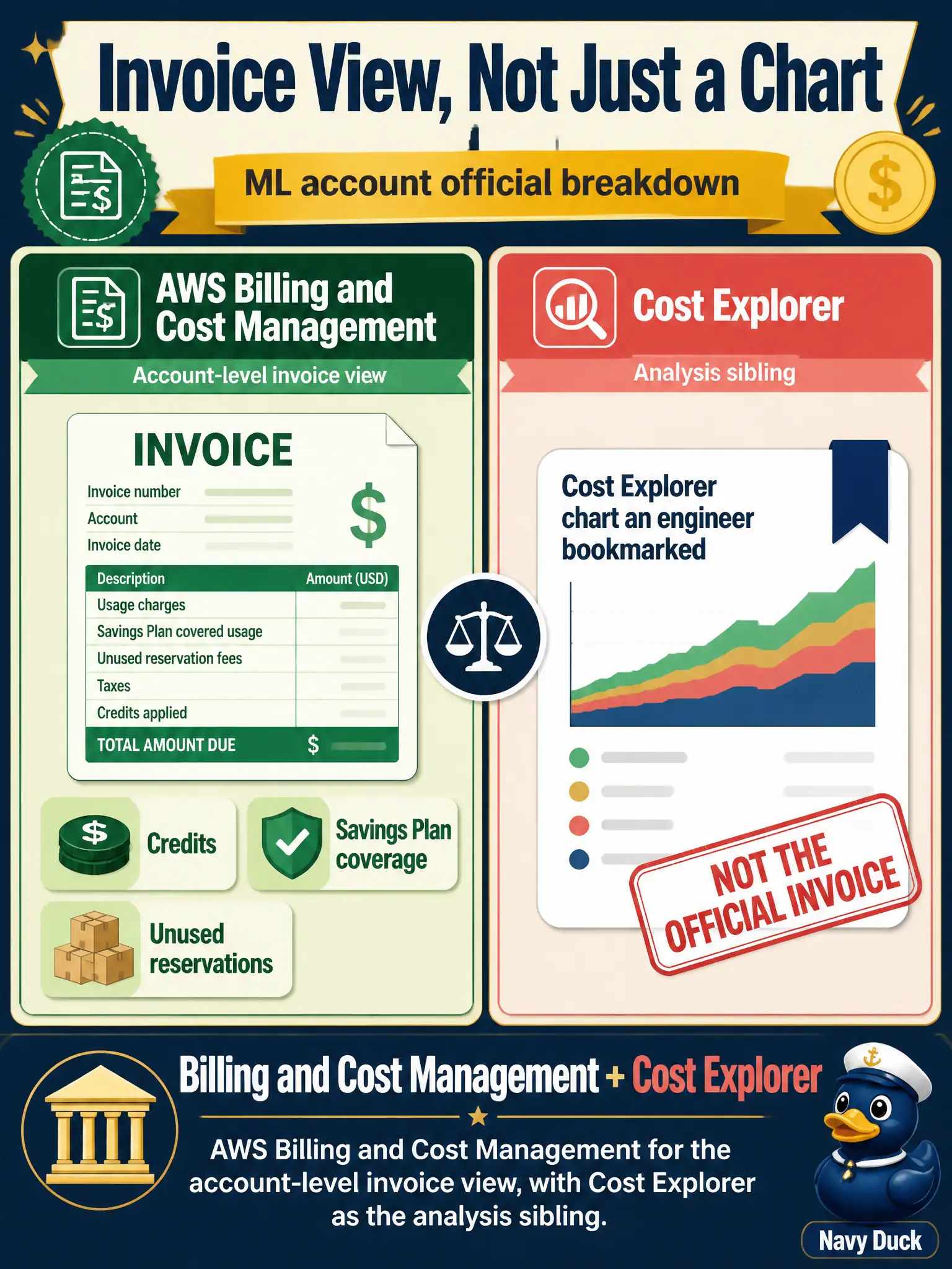 To Create an exciting colorful infographic that explains the concepts in the question: Question: Finance needs the official invoice-level breakdown for the ML account (credits, Savings Plan coverage, unused reservations), not only a Cost Explorer chart an engineer bookmarked. What should they use? Correct Answer: AWS Billing and Cost Management for the account-level invoice view, with Cost Explorer as the analysis sibling. Put EVERY visible label in double quotes. No people. No A/B/C/D letters. In one of the four corners put a little "Navy Duck".