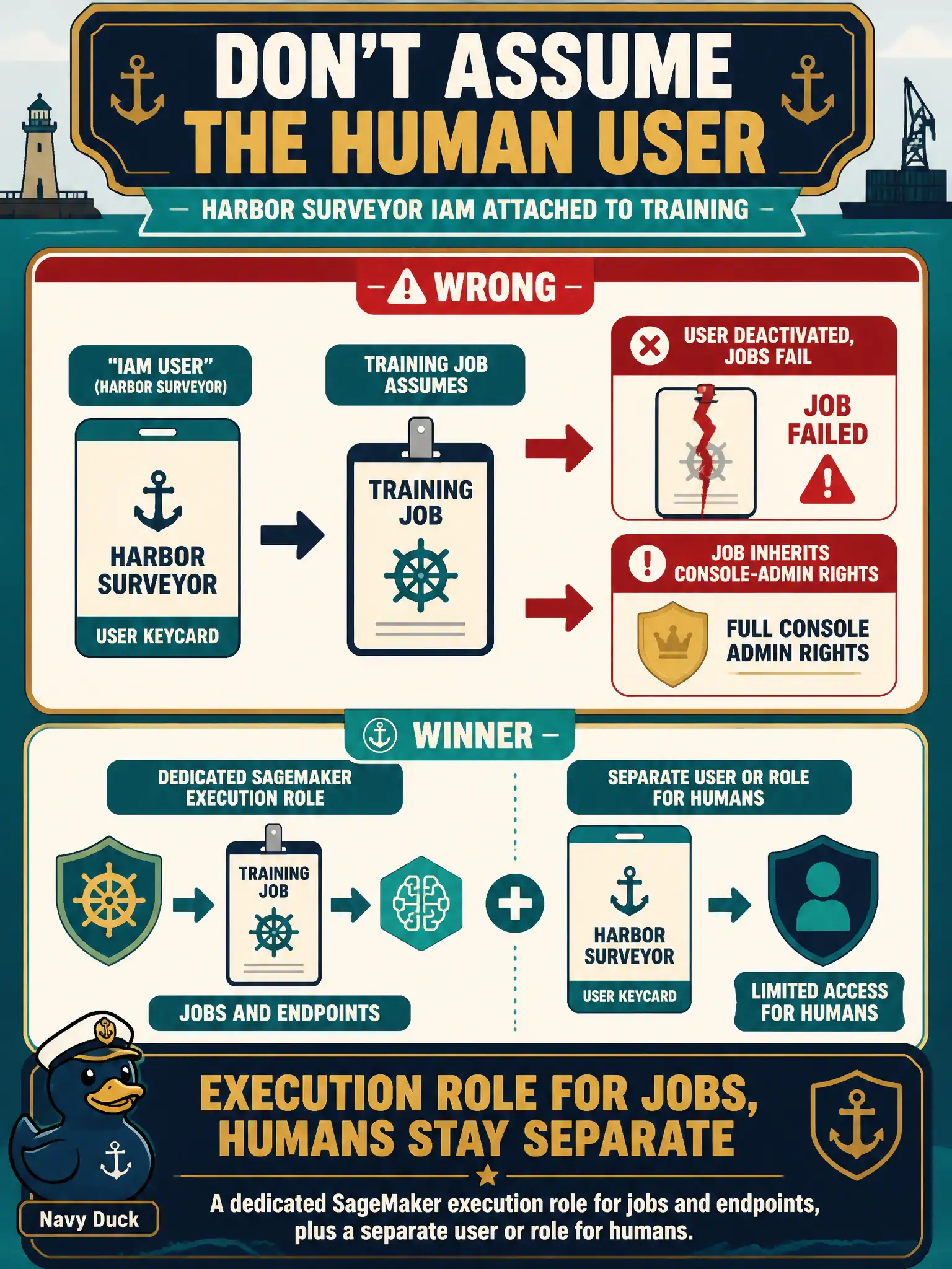To Create an exciting colorful infographic that explains the concepts in the question: Question: A harbor surveyor’s IAM user is attached as the role the training job assumes. When that user is deactivated, jobs fail; while it is active, the job inherits console-admin rights. What should they use? Correct Answer: A dedicated SageMaker execution role for jobs and endpoints, plus a separate user or role for humans. Put EVERY visible label in double quotes. No people. No A/B/C/D letters. In one of the four corners put a little "Navy Duck".