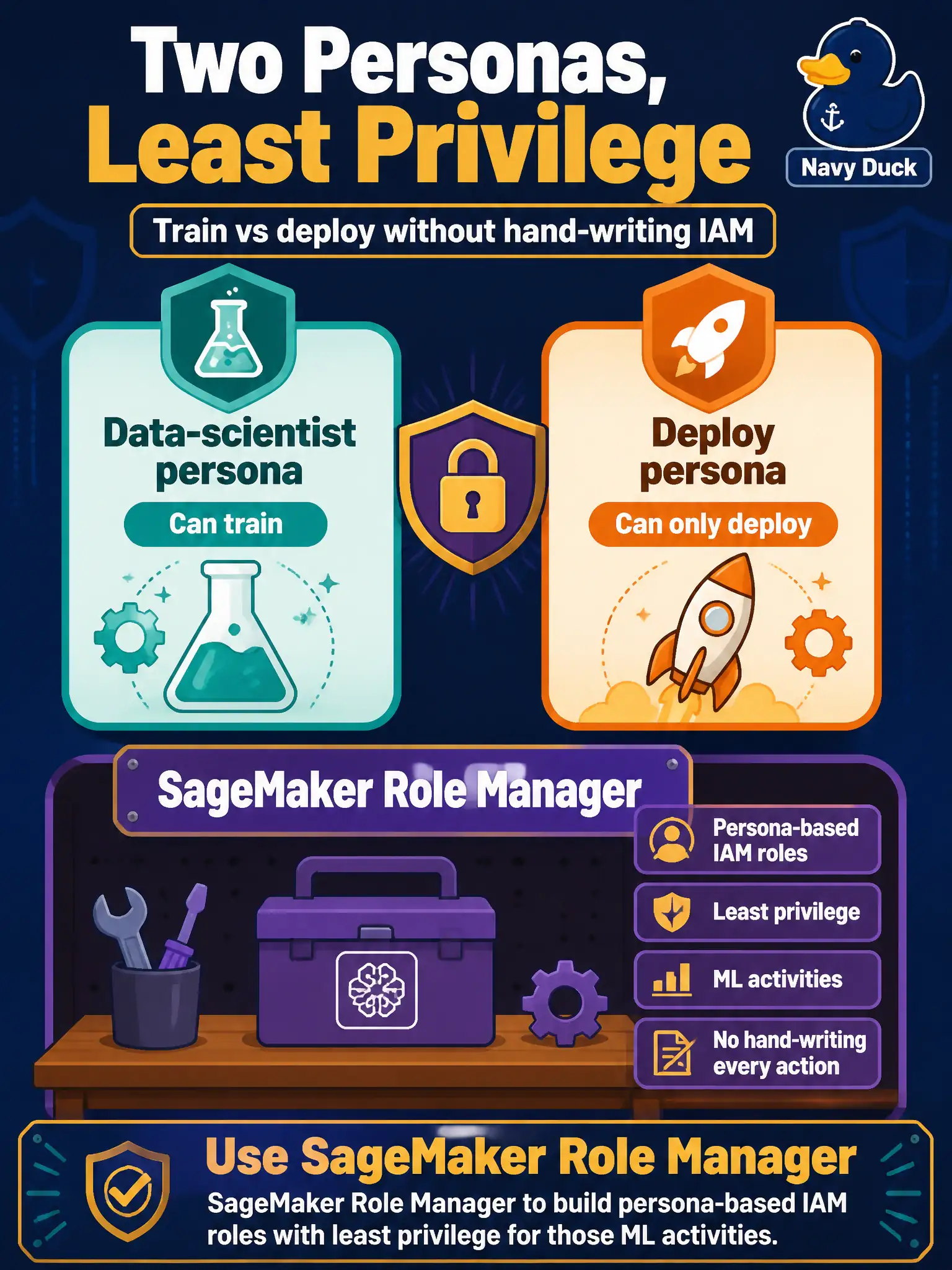 To Create an exciting colorful infographic that explains the concepts in the question: Question: Security wants a data-scientist persona that can train and a second persona that can only deploy, without hand-writing every action from scratch. What should they use? Correct Answer: SageMaker Role Manager to build persona-based IAM roles with least privilege for those ML activities. Put EVERY visible label in double quotes. No people. No A/B/C/D letters. In one of the four corners put a little "Navy Duck".