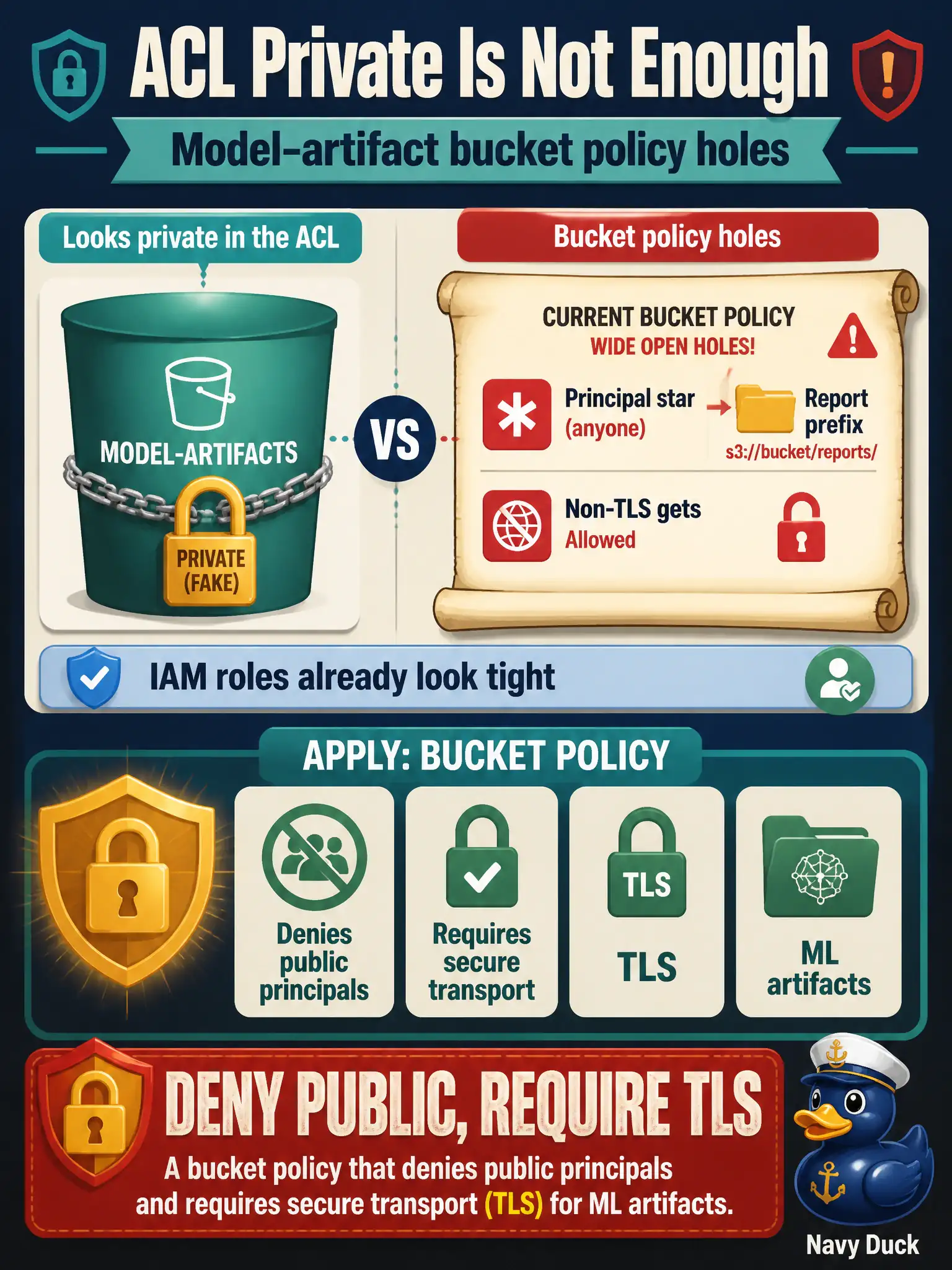 To Create an exciting colorful infographic that explains the concepts in the question: Question: A model-artifact bucket looks private in the ACL, but its bucket policy still allows Principal "" on a report prefix and allows non-TLS gets. IAM roles already look tight. What should they apply? Correct Answer: A bucket policy that denies public principals and requires secure transport (TLS) for ML artifacts. Put EVERY visible label in double quotes. No people. No A/B/C/D letters. In one of the four corners put a little "Navy Duck".