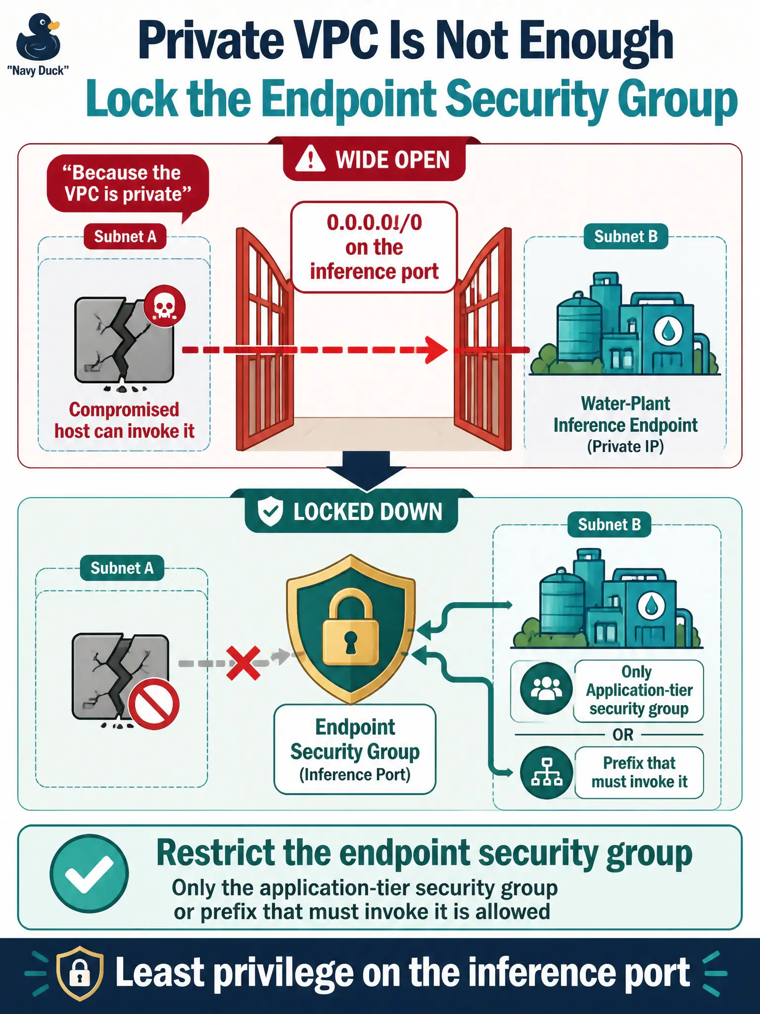 To Create an exciting colorful infographic that explains the concepts in the question: Question: A water-plant endpoint’s security group allows 0.0.0.0/0 on the inference port “because the VPC is private.” A compromised host in another subnet can invoke it. What should they restrict? Correct Answer: The endpoint security group so only the application-tier security group or prefix that must invoke it is allowed. Put EVERY visible label in double quotes. No people. No A/B/C/D letters. In one of the four corners put a little "Navy Duck".