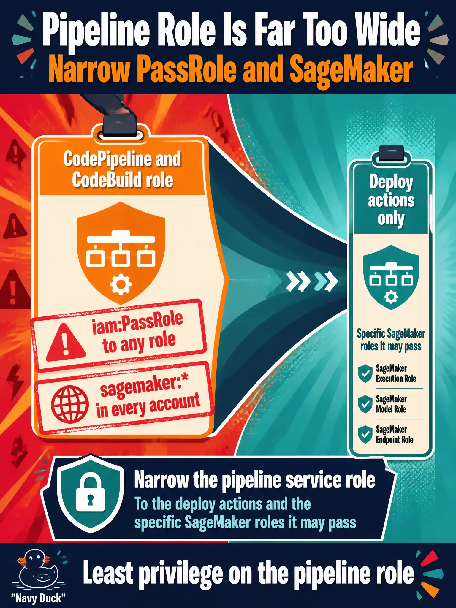 To Create an exciting colorful infographic that explains the concepts in the question: Question: The CodePipeline and CodeBuild role can iam:PassRole to any role and sagemaker: in every account. What should they do? Correct Answer: Narrow the pipeline service role to the deploy actions and the specific SageMaker roles it may pass. Put EVERY visible label in double quotes. No people. No A/B/C/D letters. In one of the four corners put a little "Navy Duck".
