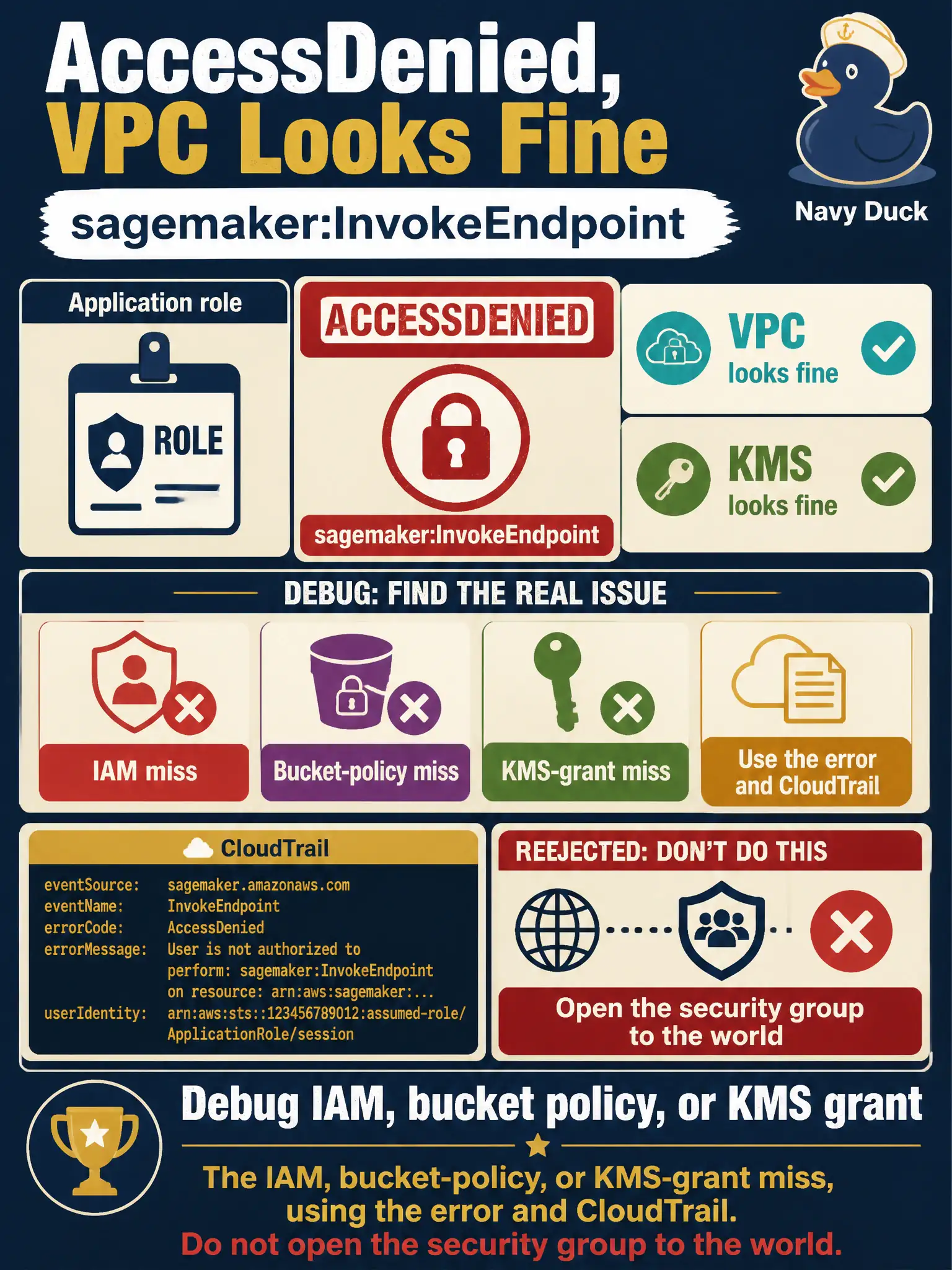 To Create an exciting colorful infographic that explains the concepts in the question: Question: An application role receives AccessDenied on sagemaker:InvokeEndpoint (VPC and KMS look fine). What should they debug? Correct Answer: The IAM, bucket-policy, or KMS-grant miss, using the error and CloudTrail. Do not open the security group to the world. Put EVERY visible label in double quotes. No people. No A/B/C/D letters. In one of the four corners put a little "Navy Duck".