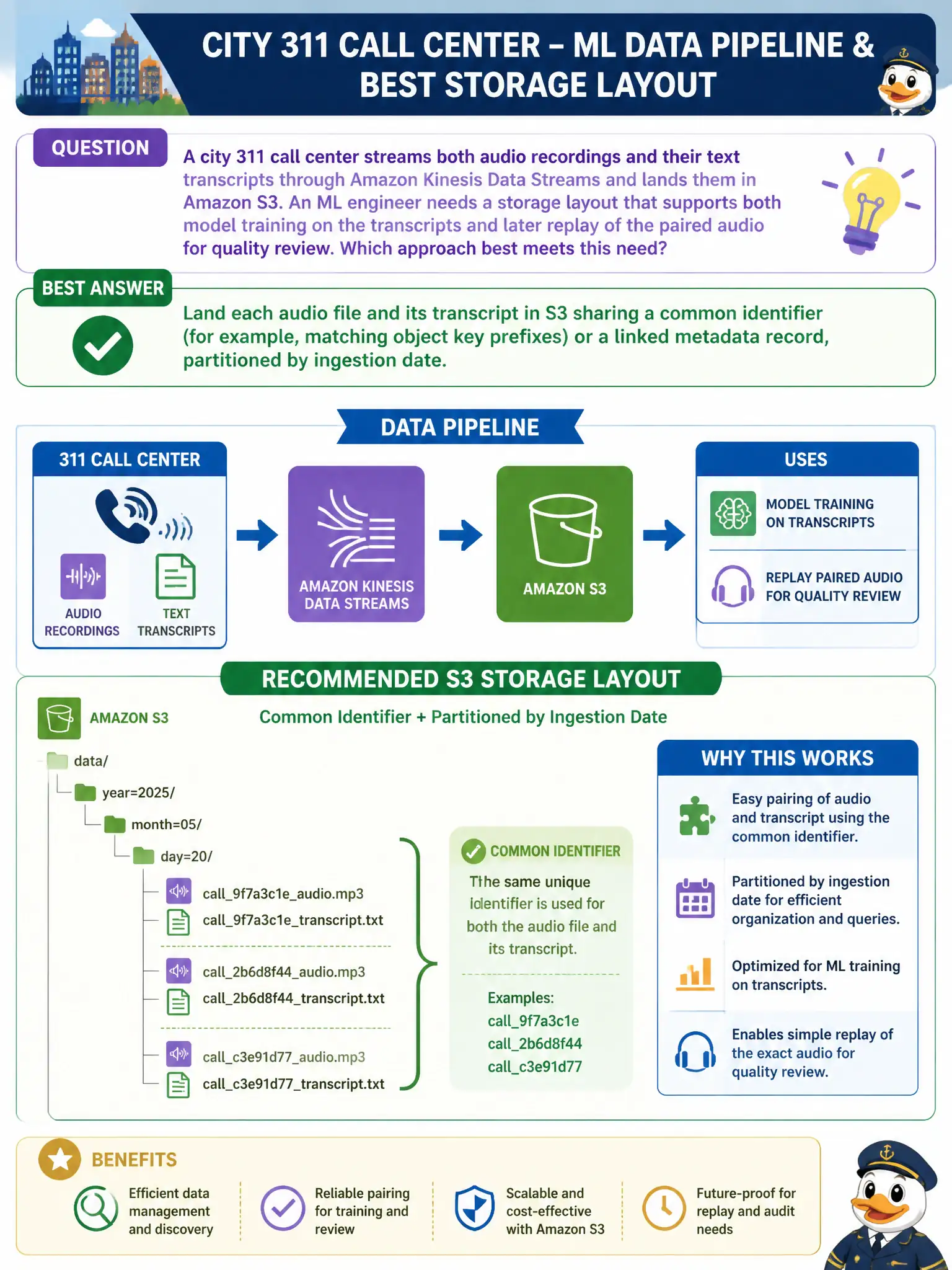 To Create an exciting colorful infographic that explains the concepts in the question: Question: A city 311 call center streams both audio recordings and their text transcripts through Amazon Kinesis Data Streams and lands them in Amazon S3. An ML engineer needs a storage layout that supports both model training on the transcripts and later replay of the paired audio for quality review. Which approach best meets this need? Correct Answer: Land each audio file and its transcript in S3 sharing a common identifier (for example, matching object key prefixes) or a linked metadata record, partitioned by ingestion date. Put EVERY visible label in double quotes. No people. No A/B/C/D letters. In one of the four corners put a little "Navy Duck".