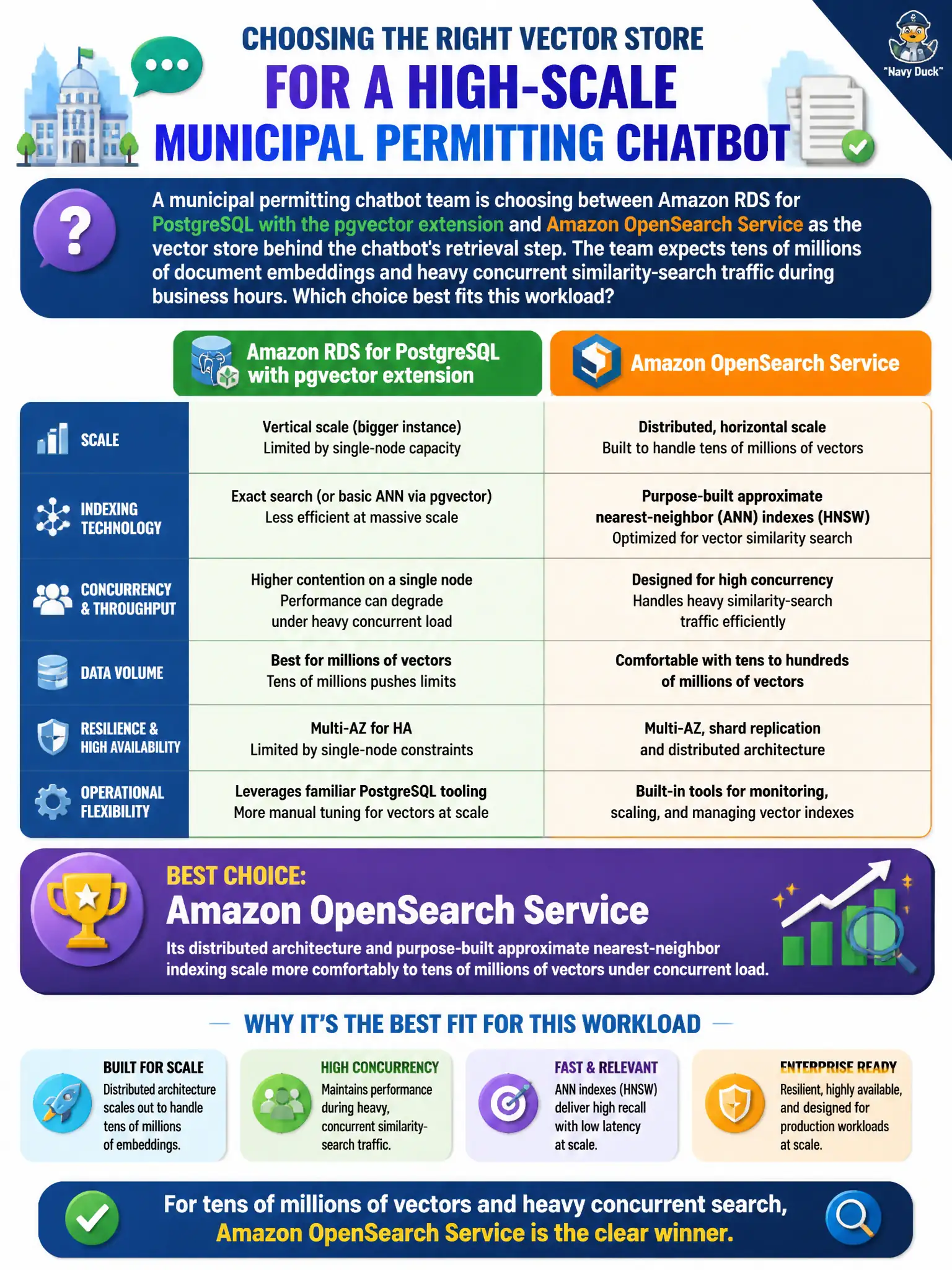 To Create an exciting colorful infographic that explains the concepts in the question: Question: A municipal permitting chatbot team is choosing between Amazon RDS for PostgreSQL with the pgvector extension and Amazon OpenSearch Service as the vector store behind the chatbot's retrieval step. The team expects tens of millions of document embeddings and heavy concurrent similarity-search traffic during business hours. Which choice best fits this workload? Correct Answer: Amazon OpenSearch Service, because its distributed architecture and purpose-built approximate nearest-neighbor indexing scale more comfortably to tens of millions of vectors under concurrent load. Put EVERY visible label in double quotes. No people. No A/B/C/D letters. In one of the four corners put a little "Navy Duck".