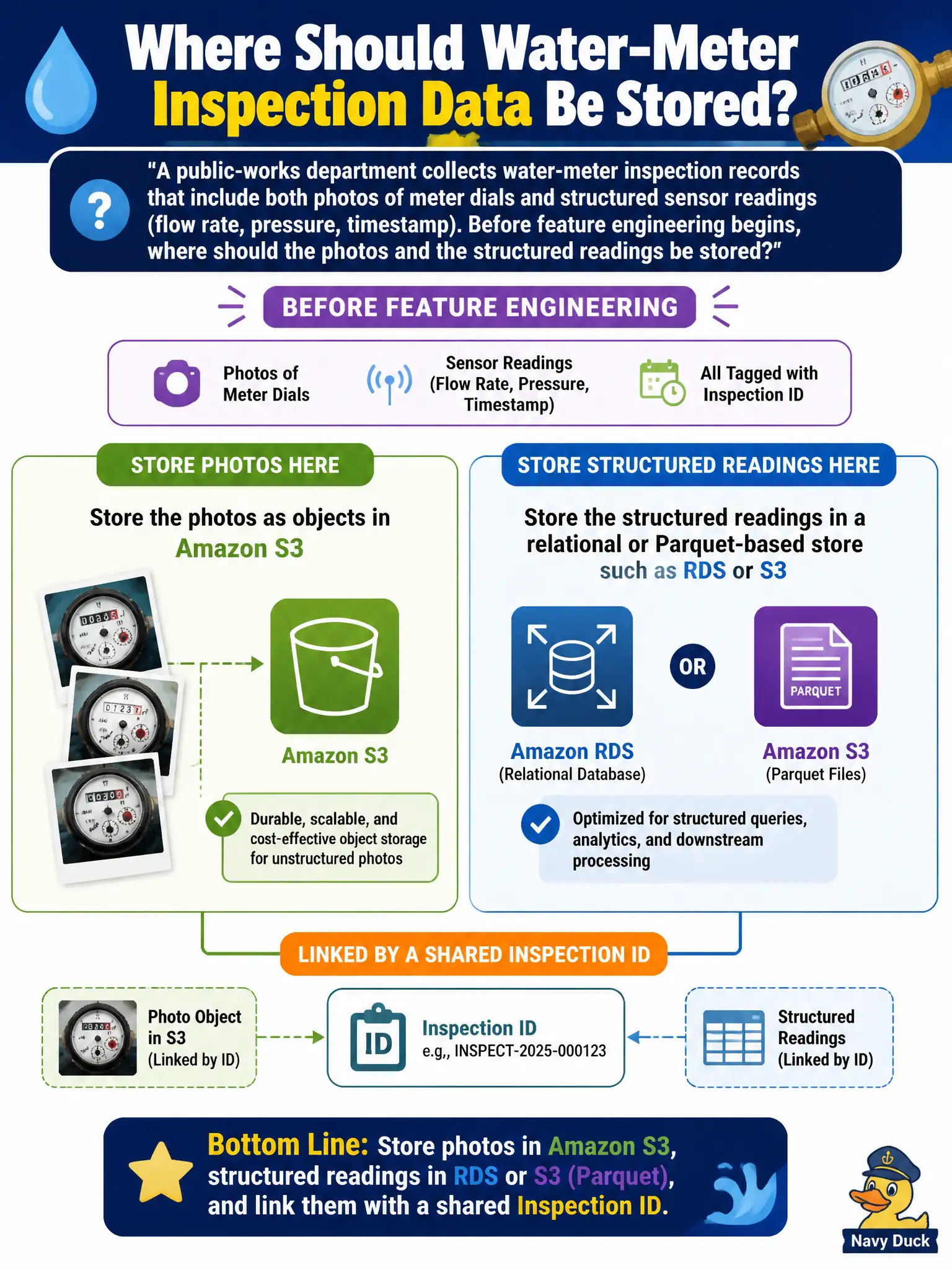 To Create an exciting colorful infographic that explains the concepts in the question: Question: A public-works department collects water-meter inspection records that include both photos of meter dials and structured sensor readings (flow rate, pressure, timestamp). Before feature engineering begins, where should the photos and the structured readings be stored? Correct Answer: Store the photos as objects in Amazon S3 and the structured readings in a relational or Parquet-based store such as RDS or S3, linked by a shared inspection ID. Put EVERY visible label in double quotes. No people. No A/B/C/D letters. In one of the four corners put a little "Navy Duck".