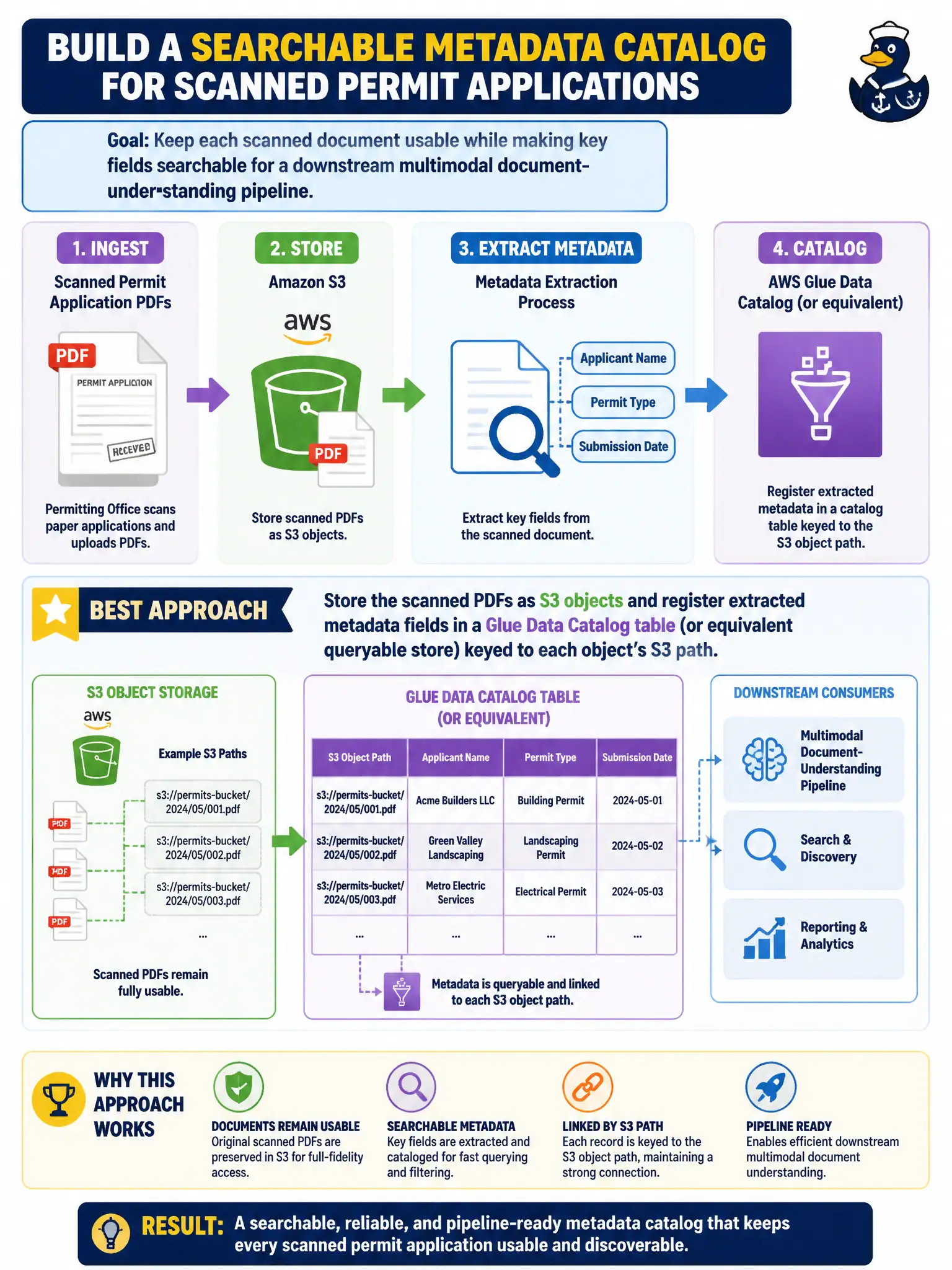 To Create an exciting colorful infographic that explains the concepts in the question: Question: A permitting office ingests scanned permit-application PDFs into Amazon S3 and needs a metadata catalog that keeps each scanned document usable together with its searchable fields (applicant name, permit type, submission date) for a downstream multimodal document-understanding pipeline. Which approach best supports this? Correct Answer: Store the scanned PDFs as S3 objects and register extracted metadata fields in a Glue Data Catalog table (or equivalent queryable store) keyed to each object's S3 path. Put EVERY visible label in double quotes. No people. No A/B/C/D letters. In one of the four corners put a little "Navy Duck".