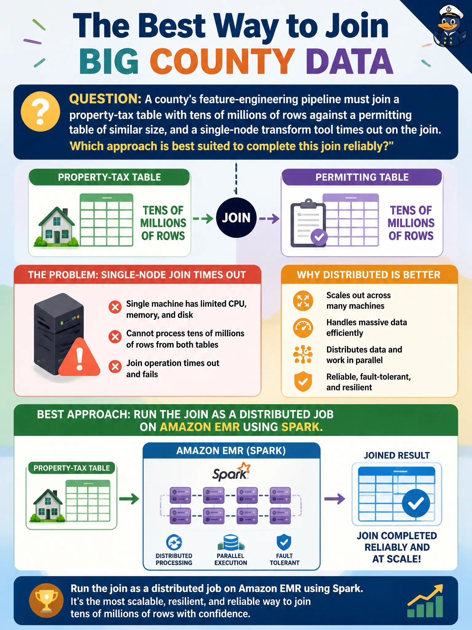 To Create an exciting colorful infographic that explains the concepts in the question: Question: A county's feature-engineering pipeline must join a property-tax table with tens of millions of rows against a permitting table of similar size, and a single-node transform tool times out on the join. Which approach is best suited to complete this join reliably? Correct Answer: Run the join as a distributed job on Amazon EMR using Spark. Put EVERY visible label in double quotes. No people. No A/B/C/D letters. In one of the four corners put a little "Navy Duck".