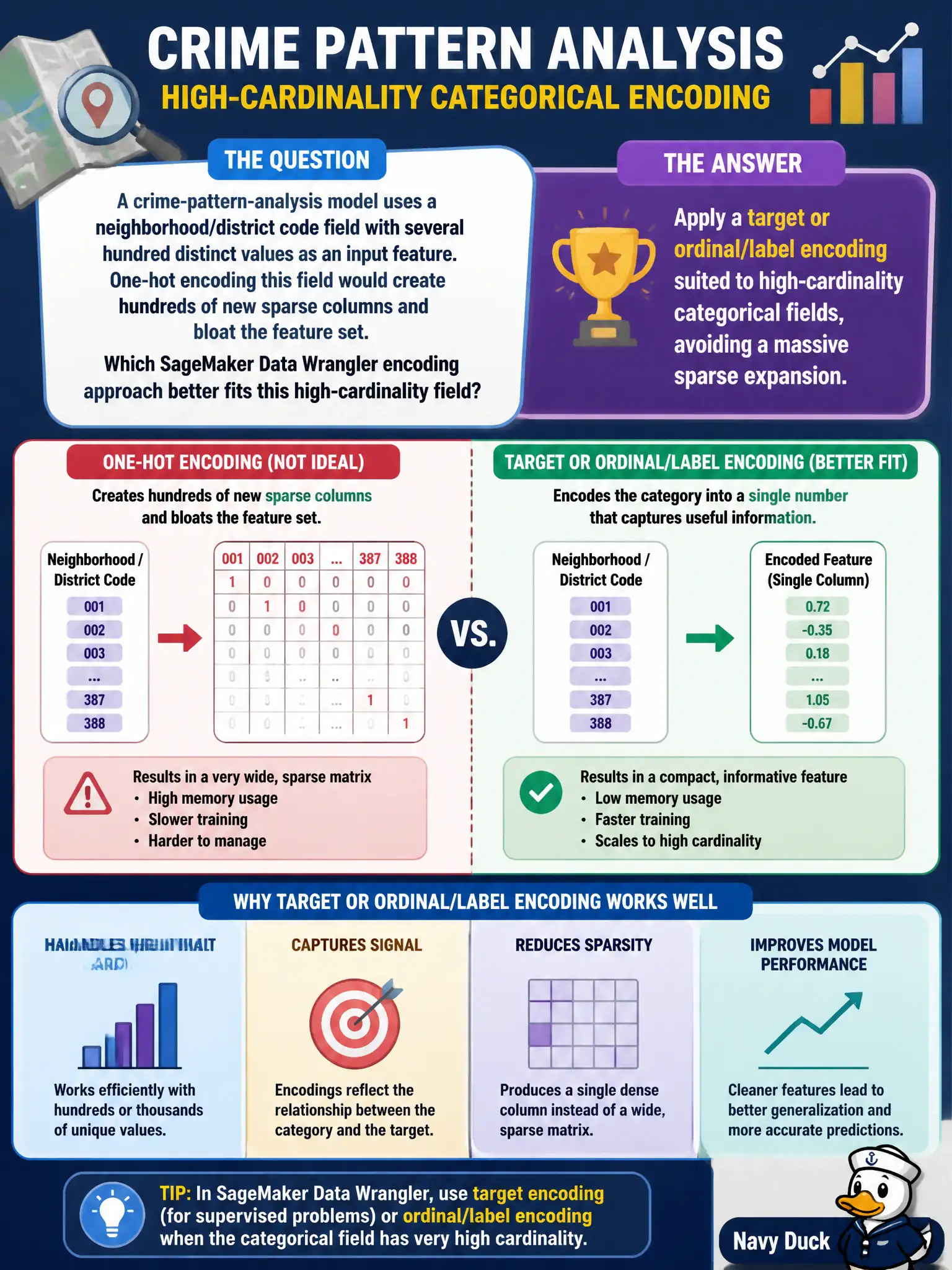 To Create an exciting colorful infographic that explains the concepts in the question: Question: A crime-pattern-analysis model uses a neighborhood/district code field with several hundred distinct values as an input feature. One-hot encoding this field would create hundreds of new sparse columns and bloat the feature set. Which SageMaker Data Wrangler encoding approach better fits this high-cardinality field? Correct Answer: Apply a target or ordinal/label encoding suited to high-cardinality categorical fields, avoiding a massive sparse expansion. Put EVERY visible label in double quotes. No people. No A/B/C/D letters. In one of the four corners put a little "Navy Duck".
