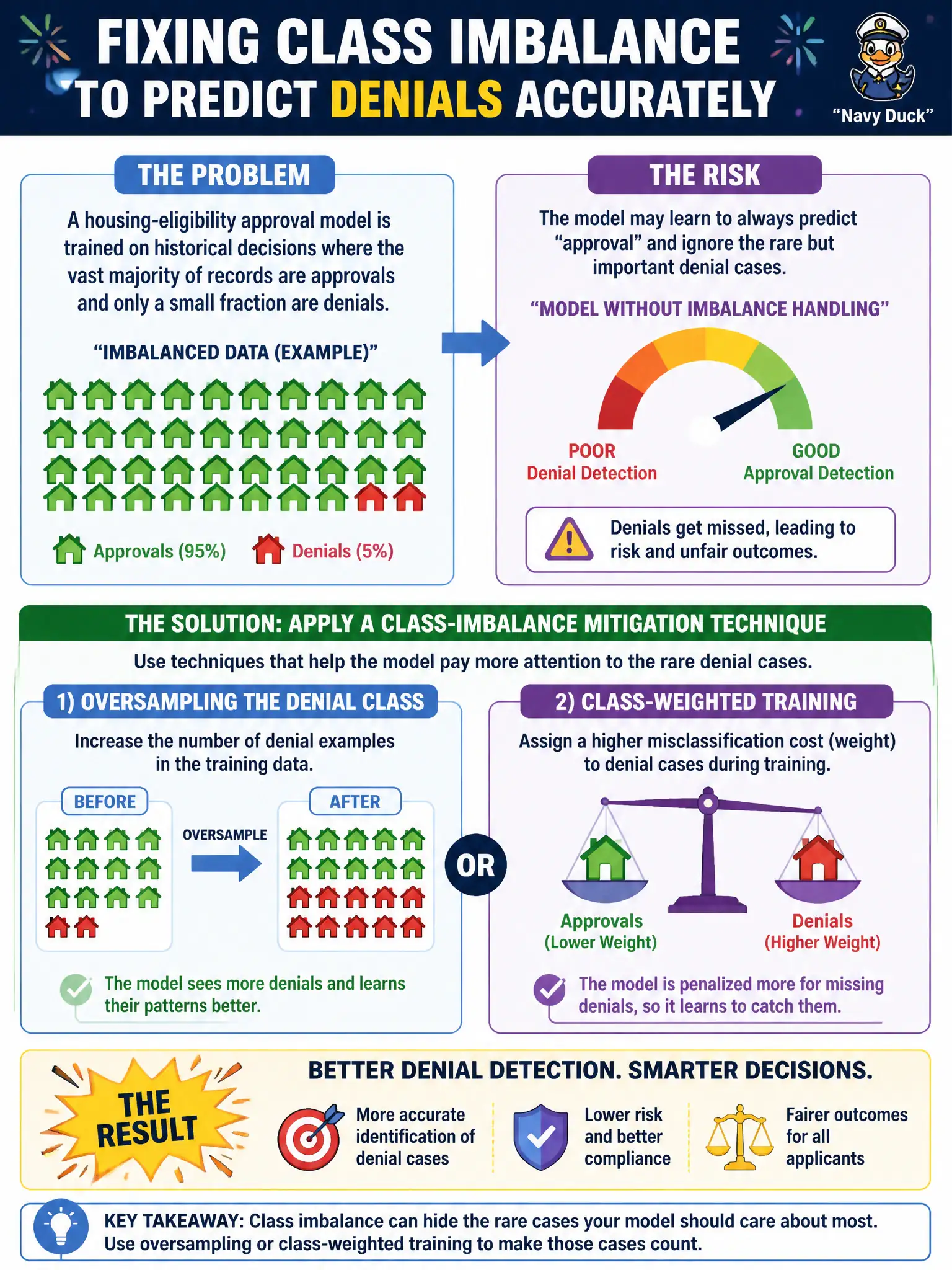 To Create an exciting colorful infographic that explains the concepts in the question: Question: A housing-eligibility approval model is trained on historical decisions where the vast majority of records are approvals and only a small fraction are denials. The engineer wants the model to learn to recognize denial cases accurately rather than ignoring them. Which strategy most directly addresses this class imbalance? Correct Answer: Apply a class-imbalance mitigation technique such as oversampling the denial class or using class-weighted training. Put EVERY visible label in double quotes. No people. No A/B/C/D letters. In one of the four corners put a little "Navy Duck".
