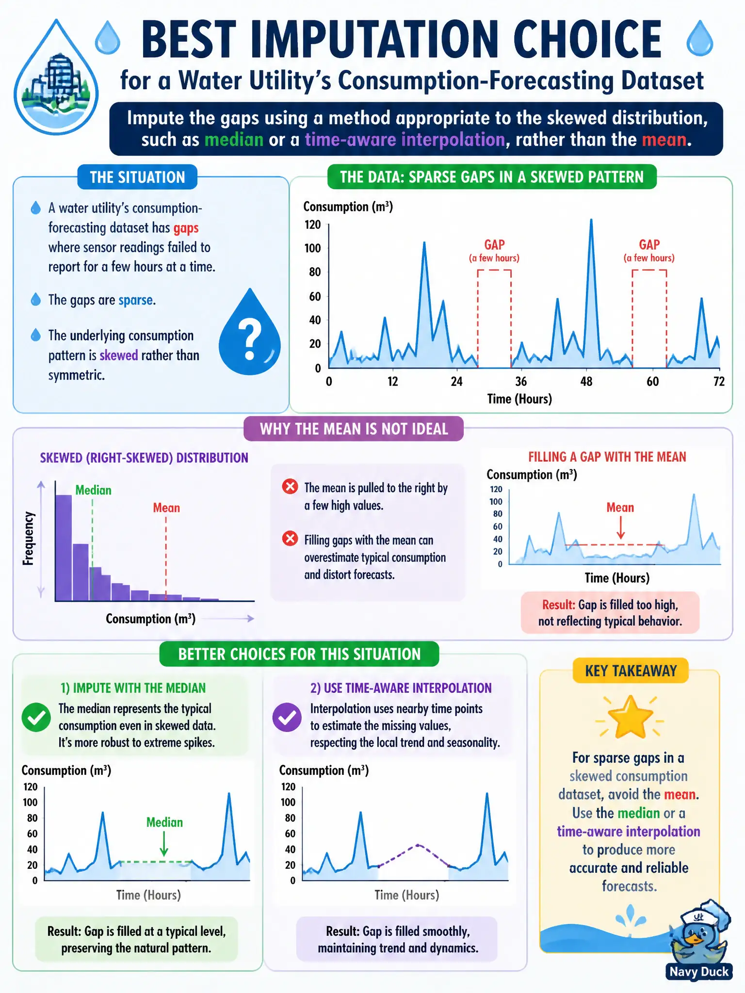 To Create an exciting colorful infographic that explains the concepts in the question: Question: A water utility's consumption-forecasting dataset has gaps where sensor readings failed to report for a few hours at a time. The gaps are sparse and the underlying consumption pattern is skewed rather than symmetric. Which imputation choice best fits this situation? Correct Answer: Impute the gaps using a method appropriate to the skewed distribution, such as median or a time-aware interpolation, rather than the mean. Put EVERY visible label in double quotes. No people. No A/B/C/D letters. In one of the four corners put a little "Navy Duck".