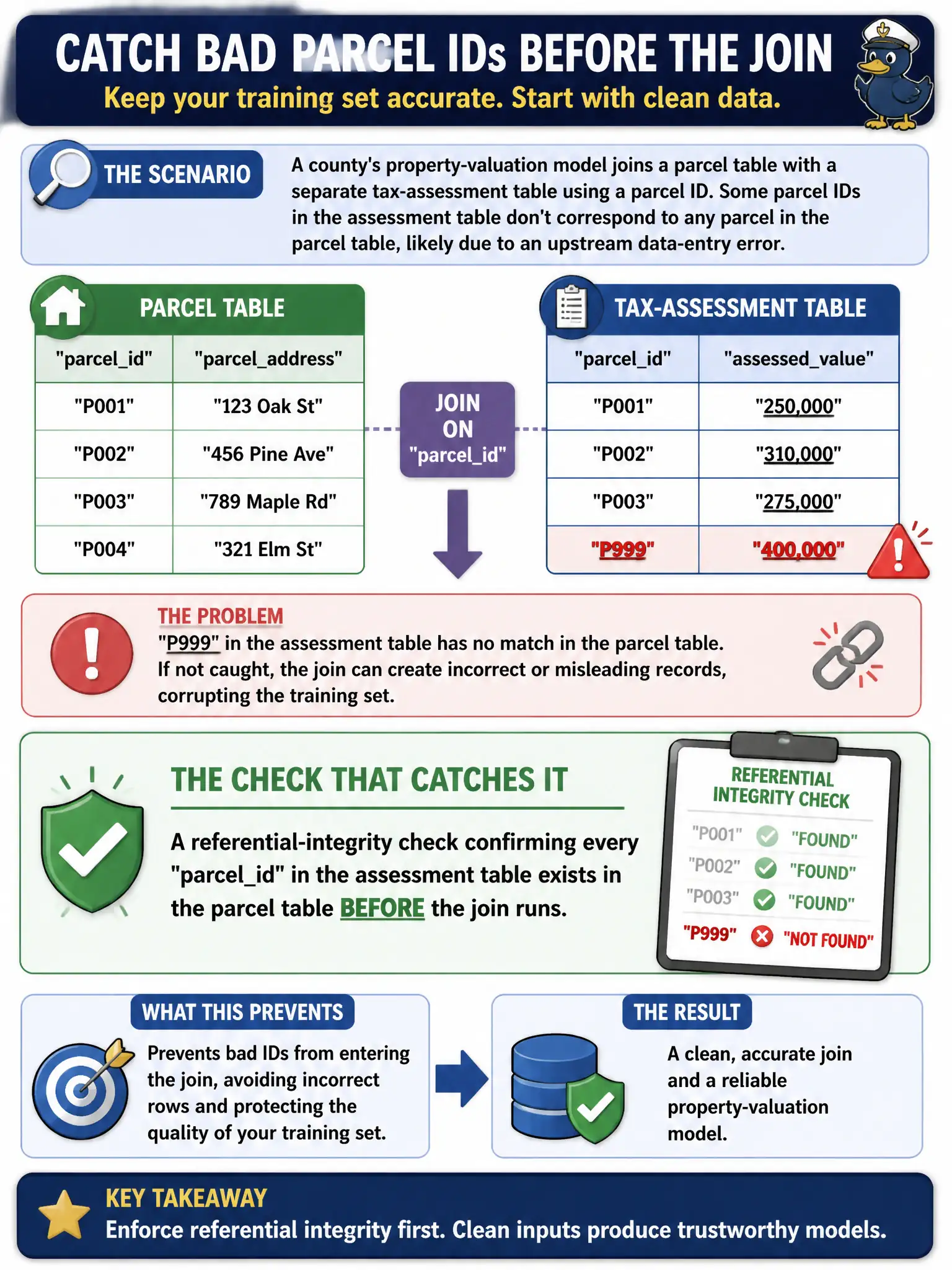 To Create an exciting colorful infographic that explains the concepts in the question: Question: A county's property-valuation model joins a parcel table with a separate tax-assessment table using a parcel ID. Some parcel IDs in the assessment table don't correspond to any parcel in the parcel table, likely due to an upstream data-entry error. Which check would catch this before the join corrupts the training set? Correct Answer: A referential-integrity check confirming every parcel ID in the assessment table exists in the parcel table before the join runs. Put EVERY visible label in double quotes. No people. No A/B/C/D letters. In one of the four corners put a little "Navy Duck".