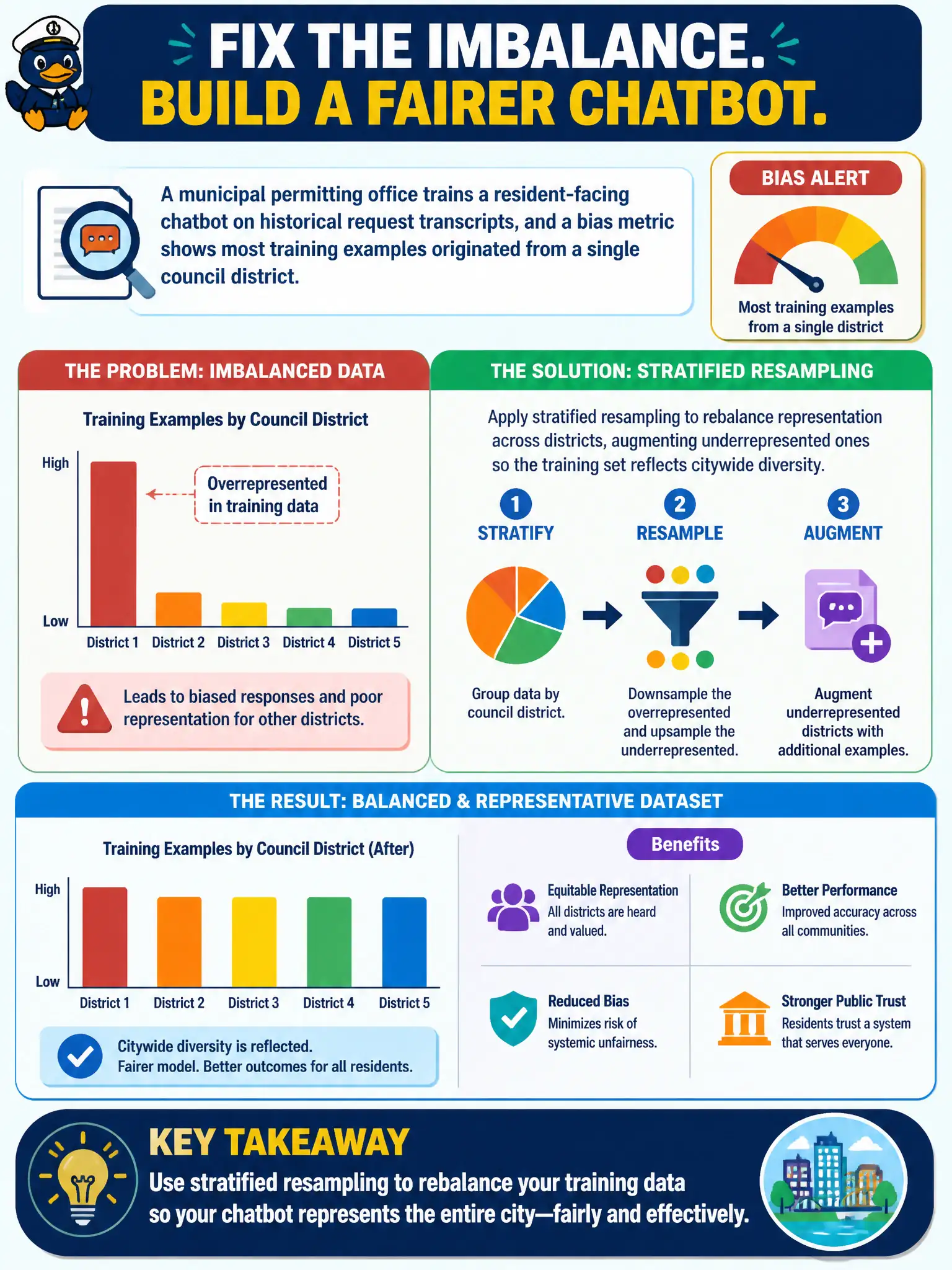 To Create an exciting colorful infographic that explains the concepts in the question: Question: A municipal permitting office trains a resident-facing chatbot on historical request transcripts, and a bias metric shows most training examples originated from a single council district. What should the team do to correct this imbalance before continuing model development? Correct Answer: Apply stratified resampling to rebalance representation across districts, augmenting underrepresented ones so the training set reflects citywide diversity. Put EVERY visible label in double quotes. No people. No A/B/C/D letters. In one of the four corners put a little "Navy Duck".