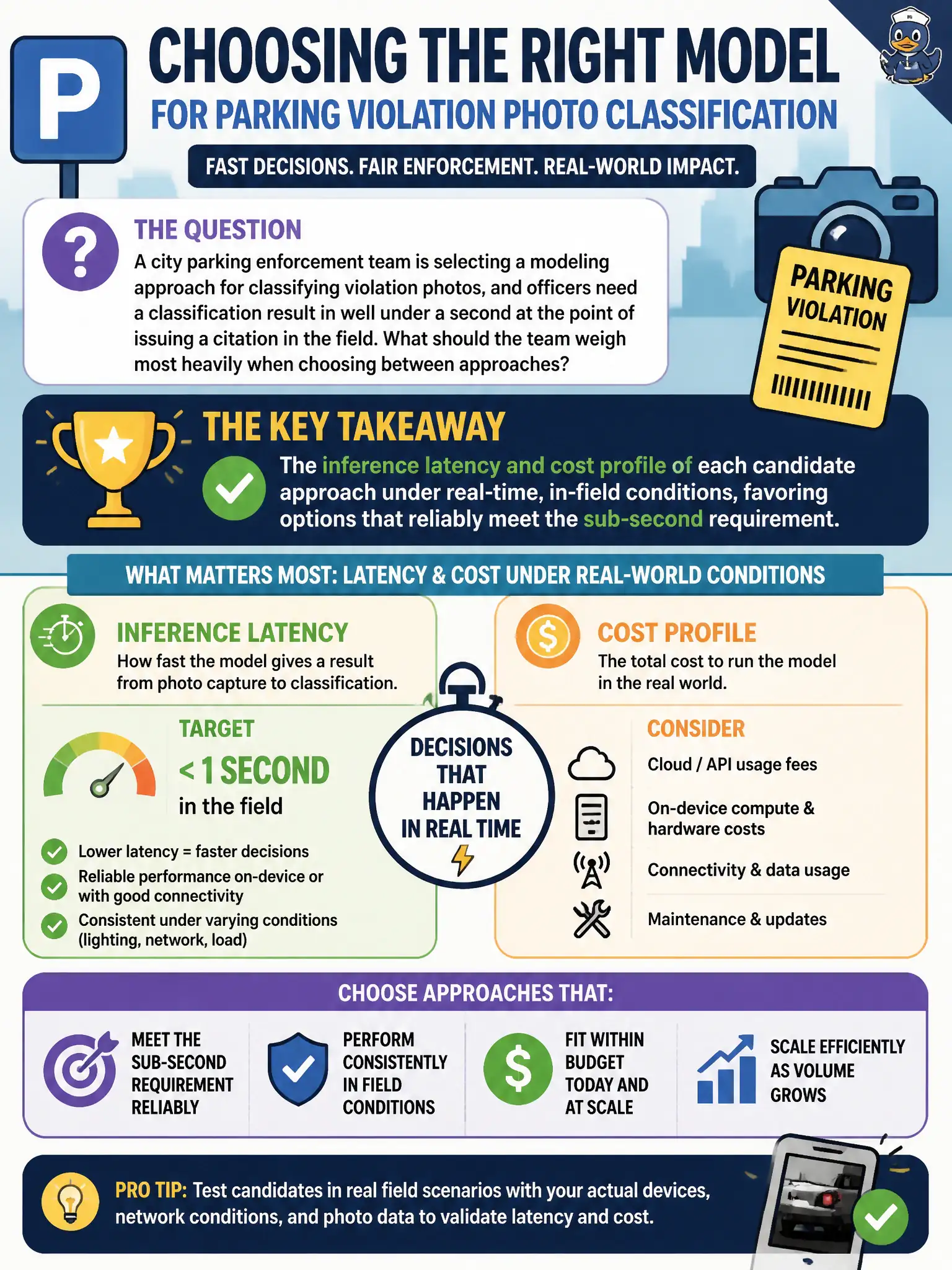 To Create an exciting colorful infographic that explains the concepts in the question: Question: A city parking enforcement team is selecting a modeling approach for classifying violation photos, and officers need a classification result in well under a second at the point of issuing a citation in the field. What should the team weigh most heavily when choosing between approaches? Correct Answer: The inference latency and cost profile of each candidate approach under real-time, in-field conditions, favoring options that reliably meet the sub-second requirement. Put EVERY visible label in double quotes. No people. No A/B/C/D letters. In one of the four corners put a little "Navy Duck".