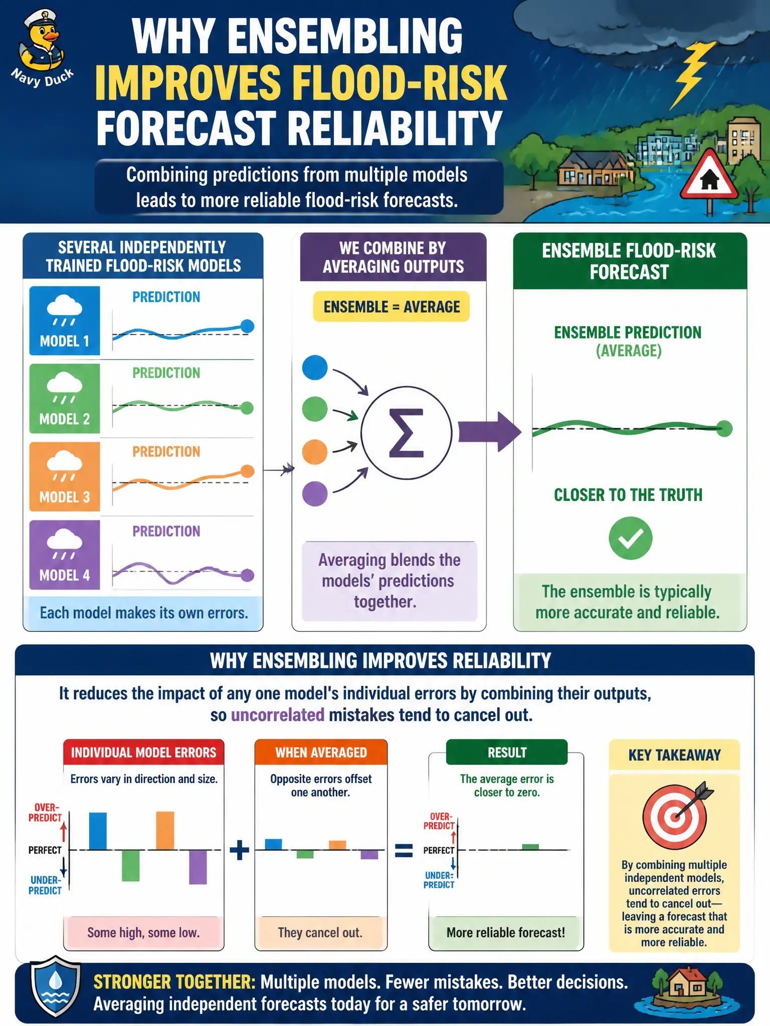 To Create an exciting colorful infographic that explains the concepts in the question: Question: An emergency management agency combines predictions from several independently trained flood-risk models by averaging their outputs, aiming to make forecasts more reliable heading into storm season. Which statement best explains why this ensembling approach tends to improve reliability? Correct Answer: It reduces the impact of any one model's individual errors by combining their outputs, so uncorrelated mistakes tend to cancel out. Put EVERY visible label in double quotes. No people. No A/B/C/D letters. In one of the four corners put a little "Navy Duck".