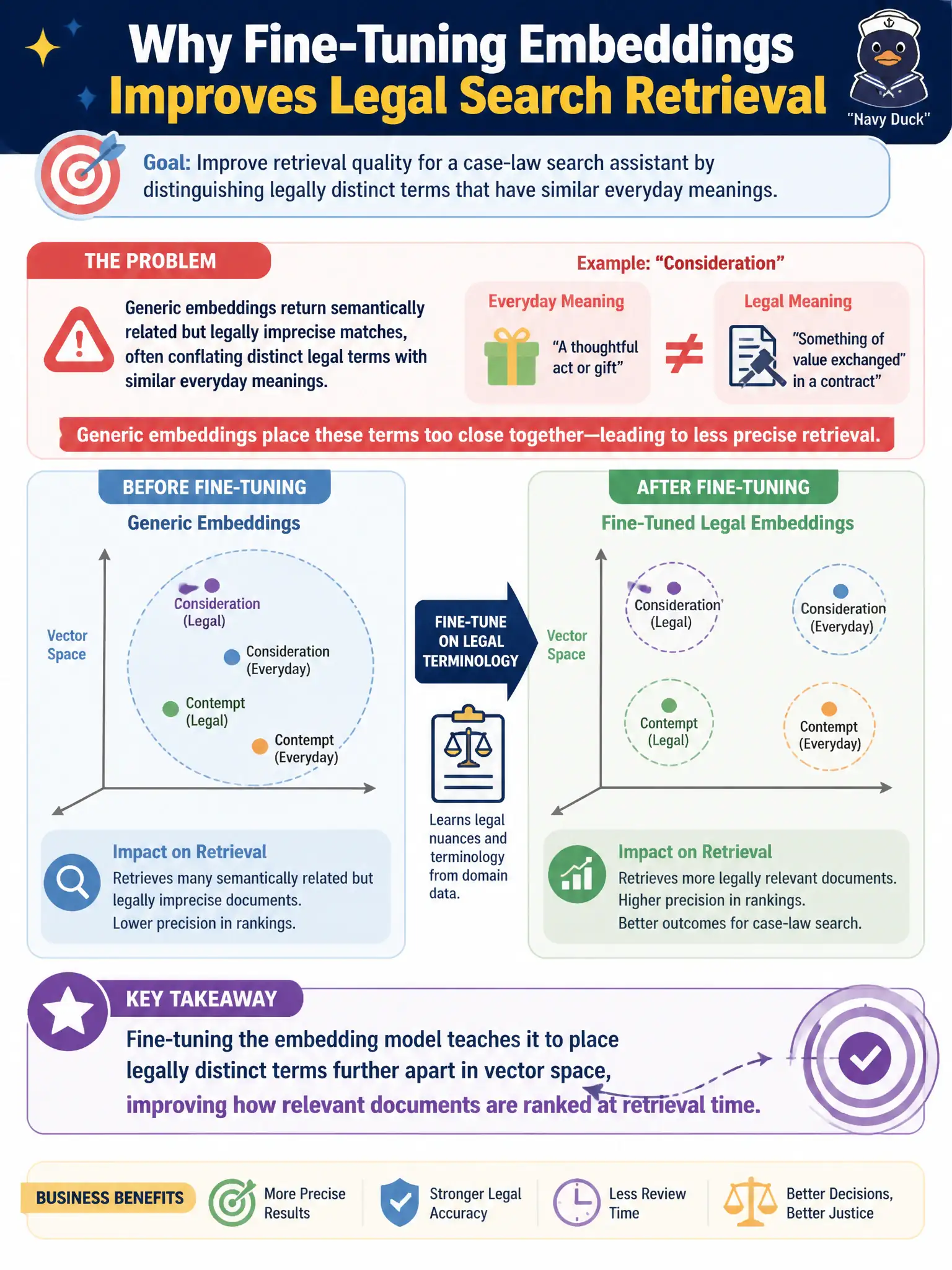 To Create an exciting colorful infographic that explains the concepts in the question: Question: A county courts department wants to improve retrieval quality for a case-law search assistant. Generic embeddings return semantically related but legally imprecise matches, often conflating distinct legal terms with similar everyday meanings. The team decides to fine-tune the embedding model on legal terminology. Why is this the appropriate lever for this problem? Correct Answer: Fine-tuning the embedding model teaches it to place legally distinct terms further apart in vector space, improving how relevant documents are ranked at retrieval time. Put EVERY visible label in double quotes. No people. No A/B/C/D letters. In one of the four corners put a little "Navy Duck".