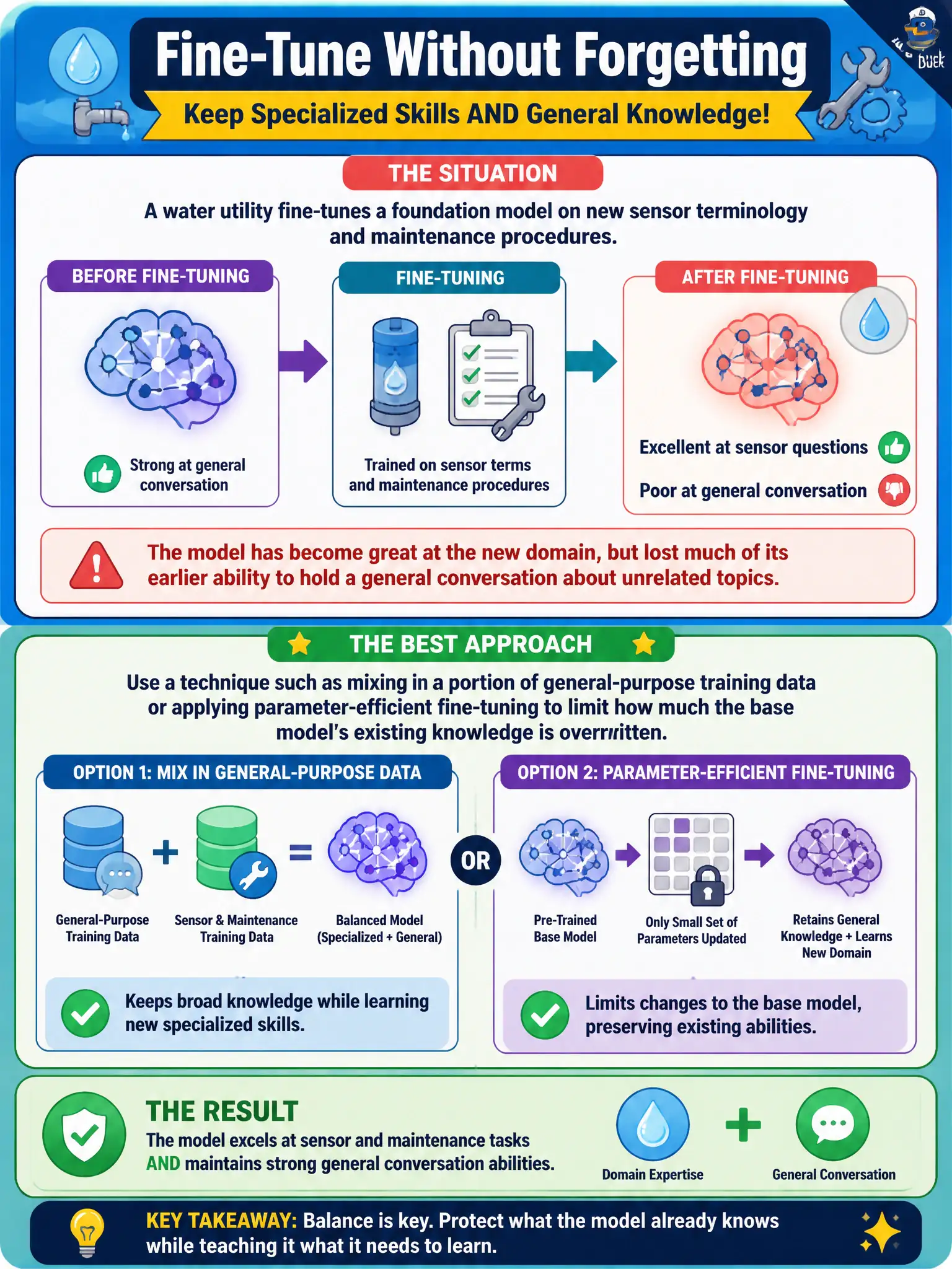 To Create an exciting colorful infographic that explains the concepts in the question: Question: A water utility fine-tunes a foundation model on new sensor terminology and maintenance procedures. After fine-tuning, staff notice the model has become excellent at sensor questions but has lost much of its earlier ability to hold a general conversation about unrelated topics. Which approach best mitigates this pattern? Correct Answer: Use a technique such as mixing in a portion of general-purpose training data or applying parameter-efficient fine-tuning to limit how much the base model's existing knowledge is overwritten. Put EVERY visible label in double quotes. No people. No A/B/C/D letters. In one of the four corners put a little "Navy Duck".