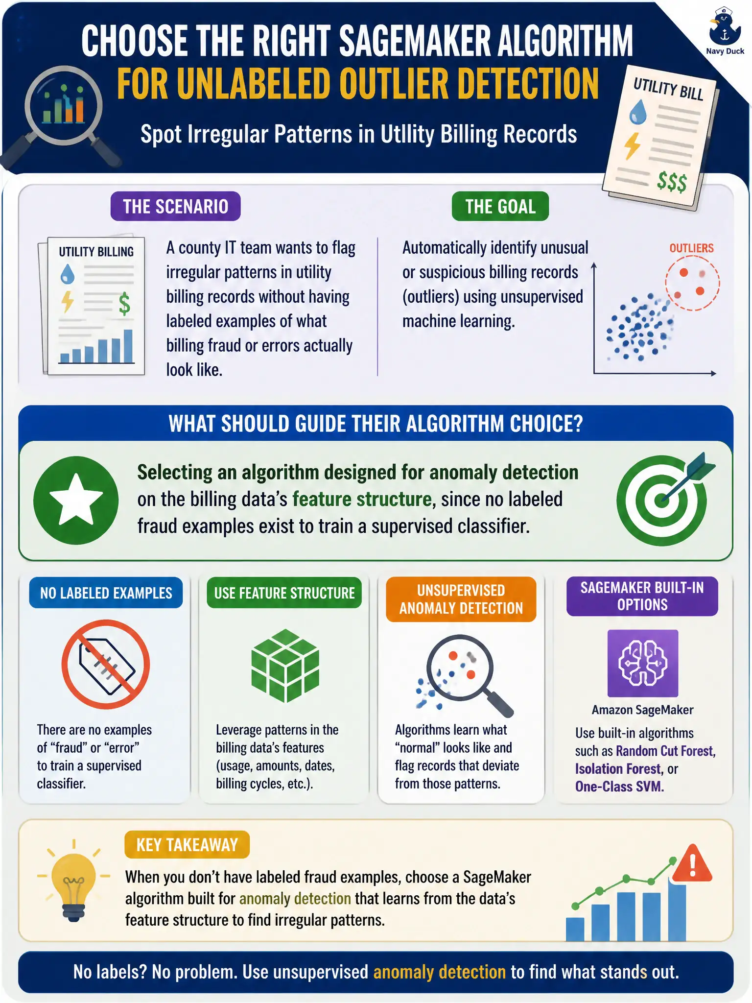 To Create an exciting colorful infographic that explains the concepts in the question: Question: A county IT team wants to flag irregular patterns in utility billing records without having labeled examples of what billing fraud or errors actually look like. They plan to use a SageMaker built-in algorithm suited to this kind of unsupervised outlier detection. Which consideration should most directly guide their algorithm choice? Correct Answer: Selecting an algorithm designed for anomaly detection on the billing data's feature structure, since no labeled fraud examples exist to train a supervised classifier. Put EVERY visible label in double quotes. No people. No A/B/C/D letters. In one of the four corners put a little "Navy Duck".