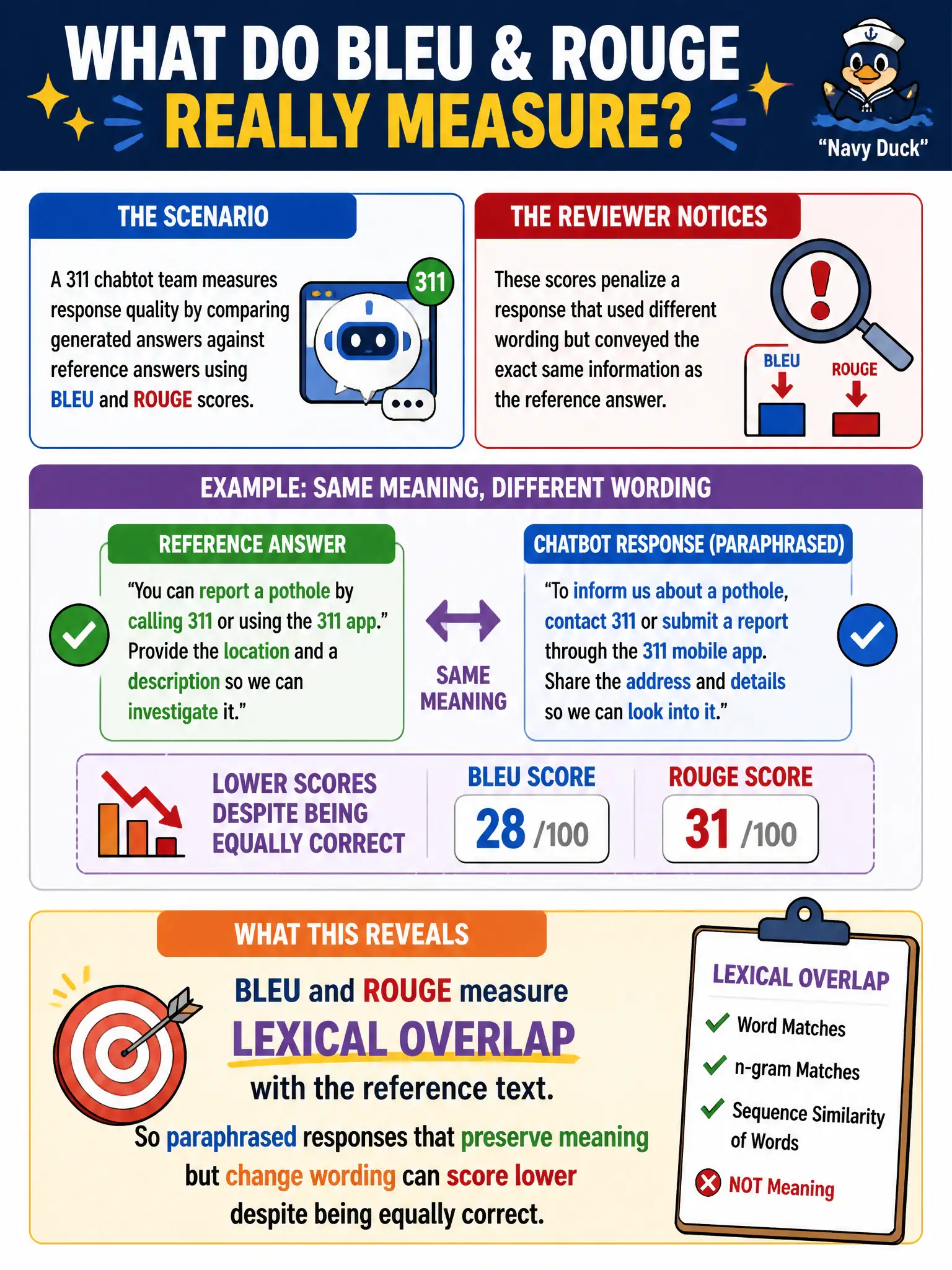 To Create an exciting colorful infographic that explains the concepts in the question: Question: A 311 chatbot team measures response quality by comparing generated answers against reference answers using BLEU and ROUGE scores. A reviewer notices these scores penalize a response that used different wording but conveyed the exact same information as the reference answer. What does this reveal about BLEU and ROUGE as evaluation metrics? Correct Answer: They measure lexical overlap with the reference text, so paraphrased responses that preserve meaning but change wording can score lower despite being equally correct. Put EVERY visible label in double quotes. No people. No A/B/C/D letters. In one of the four corners put a little "Navy Duck".