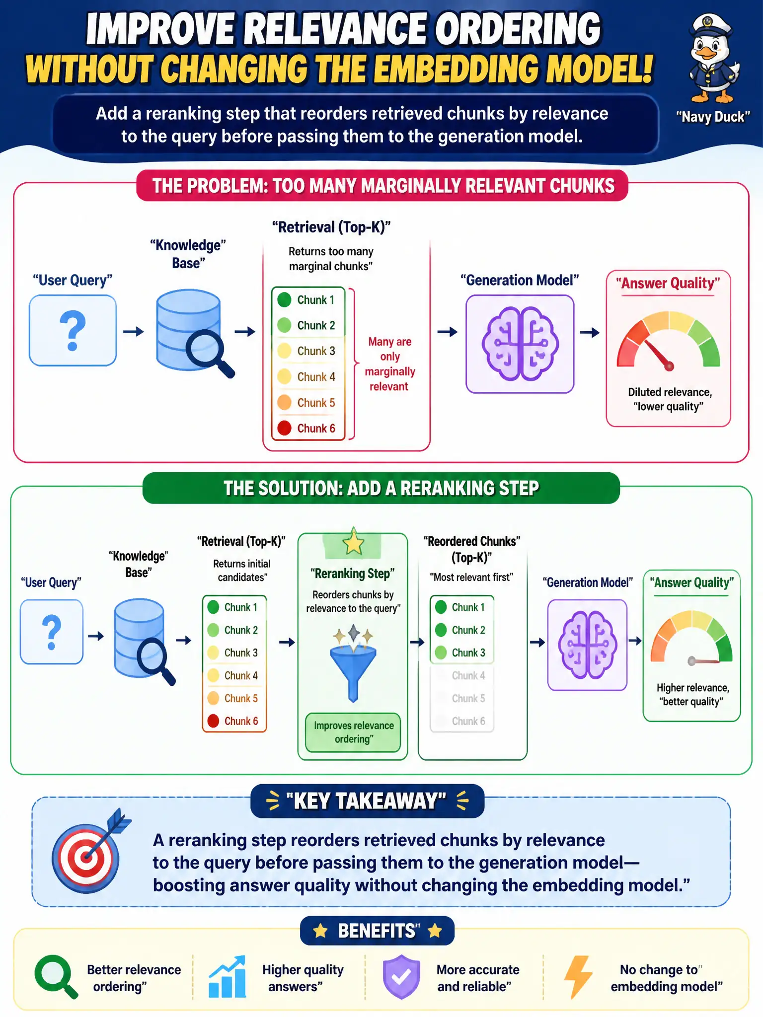 To Create an exciting colorful infographic that explains the concepts in the question: Question: A permitting-regulations assistant retrieves too many marginally relevant chunks from its knowledge base, diluting answer quality. The team wants to improve relevance ordering without changing the underlying embedding model. What should they add? Correct Answer: A reranking step that reorders retrieved chunks by relevance to the query before passing them to the generation model. Put EVERY visible label in double quotes. No people. No A/B/C/D letters. In one of the four corners put a little "Navy Duck".