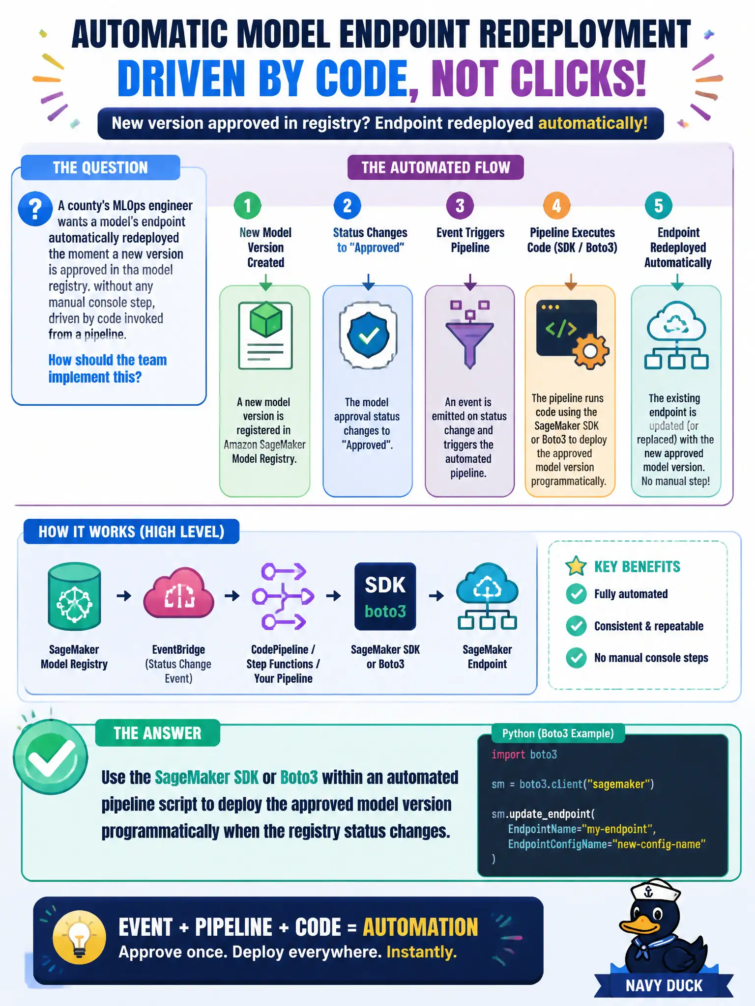 To Create an exciting colorful infographic that explains the concepts in the question: Question: A county's MLOps engineer wants a model's endpoint automatically redeployed the moment a new version is approved in the model registry, without any manual console step, driven by code invoked from a pipeline. How should the team implement this? Correct Answer: Use the SageMaker SDK or Boto3 within an automated pipeline script to deploy the approved model version programmatically when the registry status changes. Put EVERY visible label in double quotes. No people. No A/B/C/D letters. In one of the four corners put a little "Navy Duck".