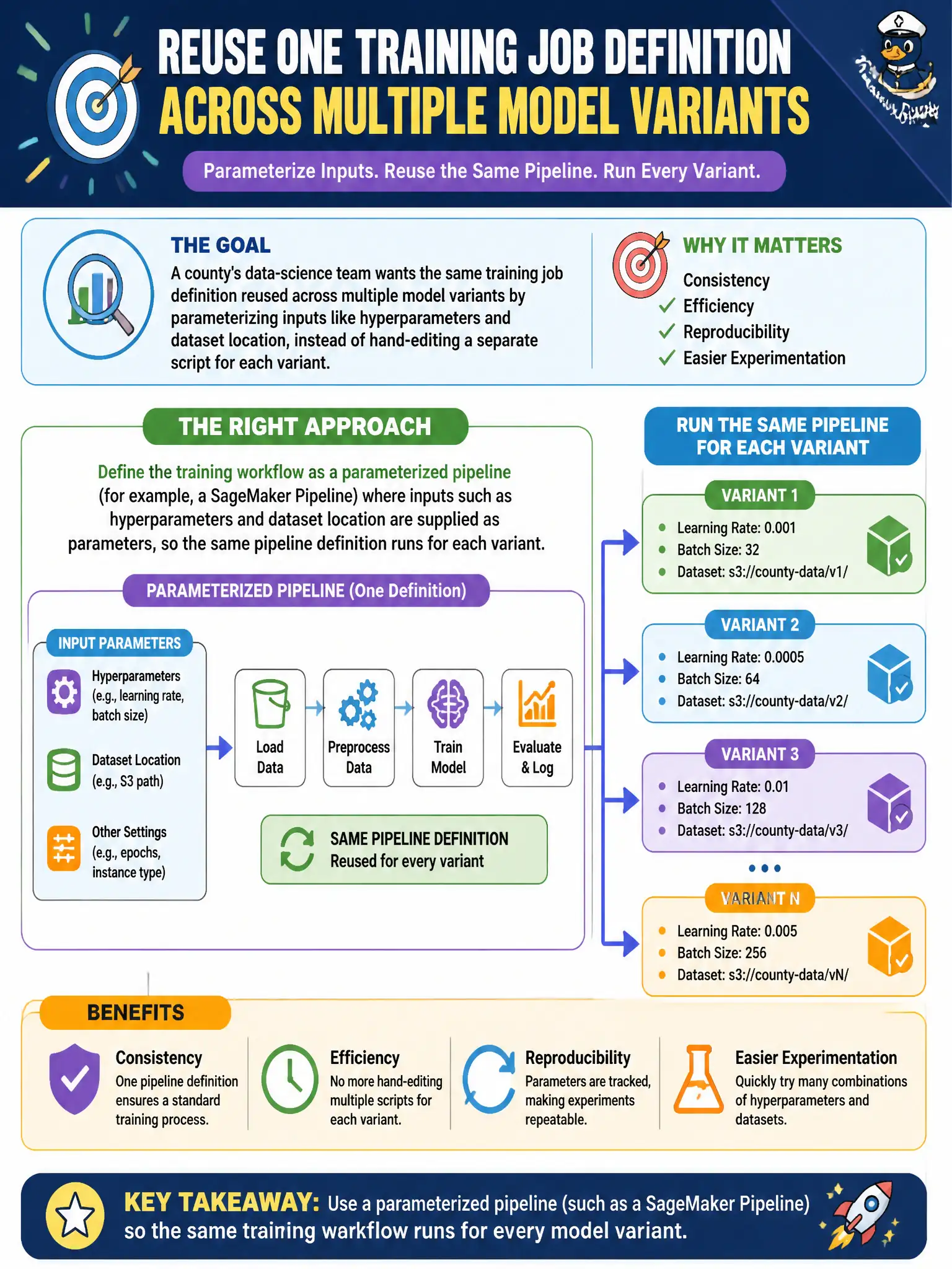 To Create an exciting colorful infographic that explains the concepts in the question: Question: A county's data-science team wants the same training job definition reused across multiple model variants by parameterizing inputs like hyperparameters and dataset location, instead of hand-editing a separate script for each variant. Which approach fits this goal? Correct Answer: Define the training workflow as a parameterized pipeline (for example, a SageMaker Pipeline) where inputs such as hyperparameters and dataset location are supplied as parameters, so the same pipeline definition runs for each variant. Put EVERY visible label in double quotes. No people. No A/B/C/D letters. In one of the four corners put a little "Navy Duck".