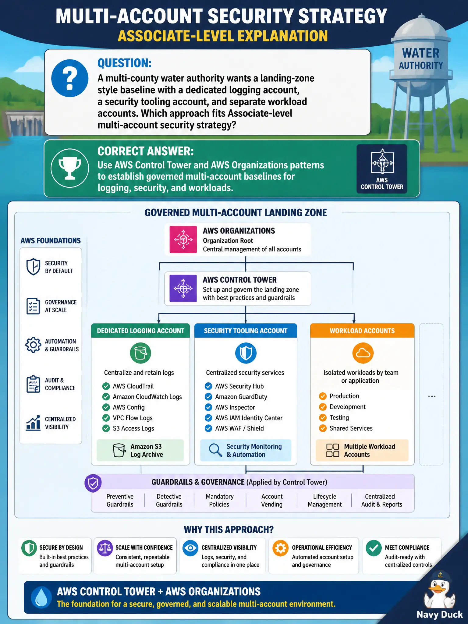 To Create an exciting colorful infographic that explains the concepts in the question: Question: A multi-county water authority wants a landing-zone style baseline with a dedicated logging account, a security tooling account, and separate workload accounts. Which approach fits Associate-level multi-account security strategy? Correct Answer: Use AWS Control Tower and AWS Organizations patterns to establish governed multi-account baselines for logging, security, and workloads. Put EVERY visible label in double quotes. No people. No A/B/C/D letters. In one of the four corners put a little "Navy Duck".