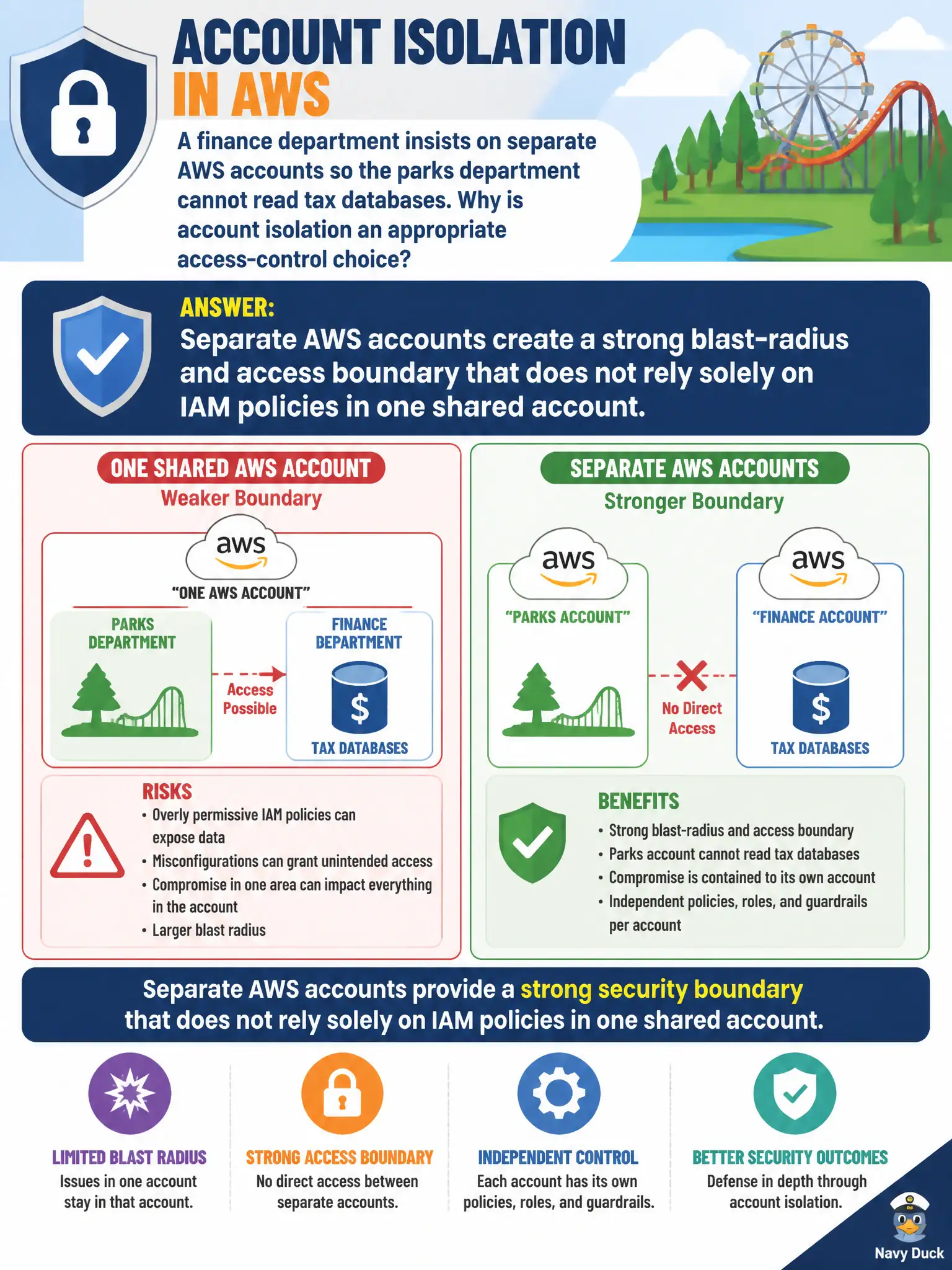 To Create an exciting colorful infographic that explains the concepts in the question: Question: A finance department insists on separate AWS accounts so the parks department cannot read tax databases. Why is account isolation an appropriate access-control choice? Correct Answer: Separate AWS accounts create a strong blast-radius and access boundary that does not rely solely on IAM policies in one shared account. Put EVERY visible label in double quotes. No people. No A/B/C/D letters. In one of the four corners put a little "Navy Duck".