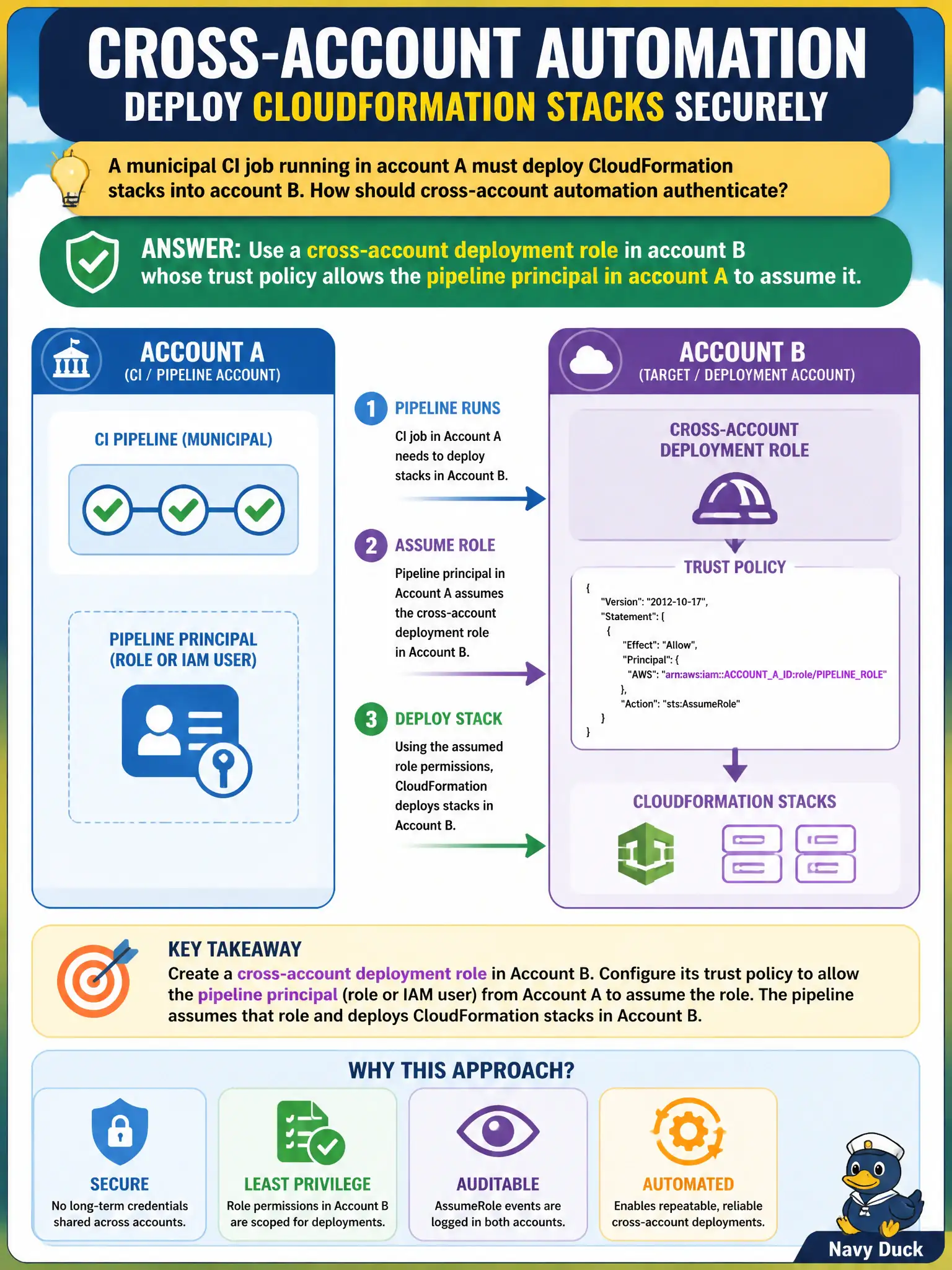 To Create an exciting colorful infographic that explains the concepts in the question: Question: A municipal CI job running in account A must deploy CloudFormation stacks into account B. How should cross-account automation authenticate? Correct Answer: Use a cross-account deployment role in account B whose trust policy allows the pipeline principal in account A to assume it. Put EVERY visible label in double quotes. No people. No A/B/C/D letters. In one of the four corners put a little "Navy Duck".