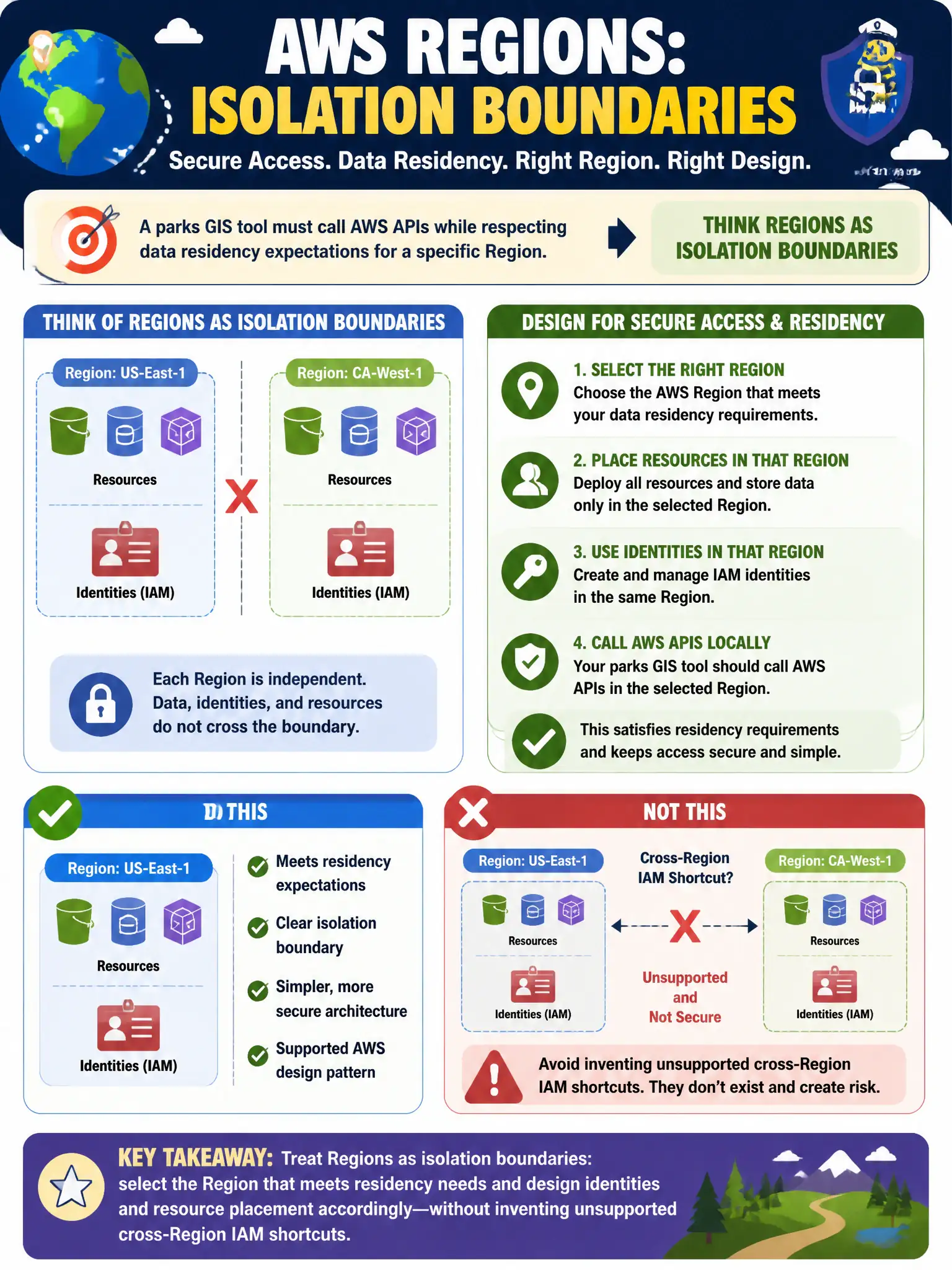 To Create an exciting colorful infographic that explains the concepts in the question: Question: A parks GIS tool must call AWS APIs while respecting data residency expectations for a specific Region. How should the architect think about Regions in secure access and residency design? Correct Answer: Treat Regions as isolation boundaries: select the Region that meets residency needs and design identities and resource placement accordingly—without inventing unsupported cross-Region IAM shortcuts. Put EVERY visible label in double quotes. No people. No A/B/C/D letters. In one of the four corners put a little "Navy Duck".