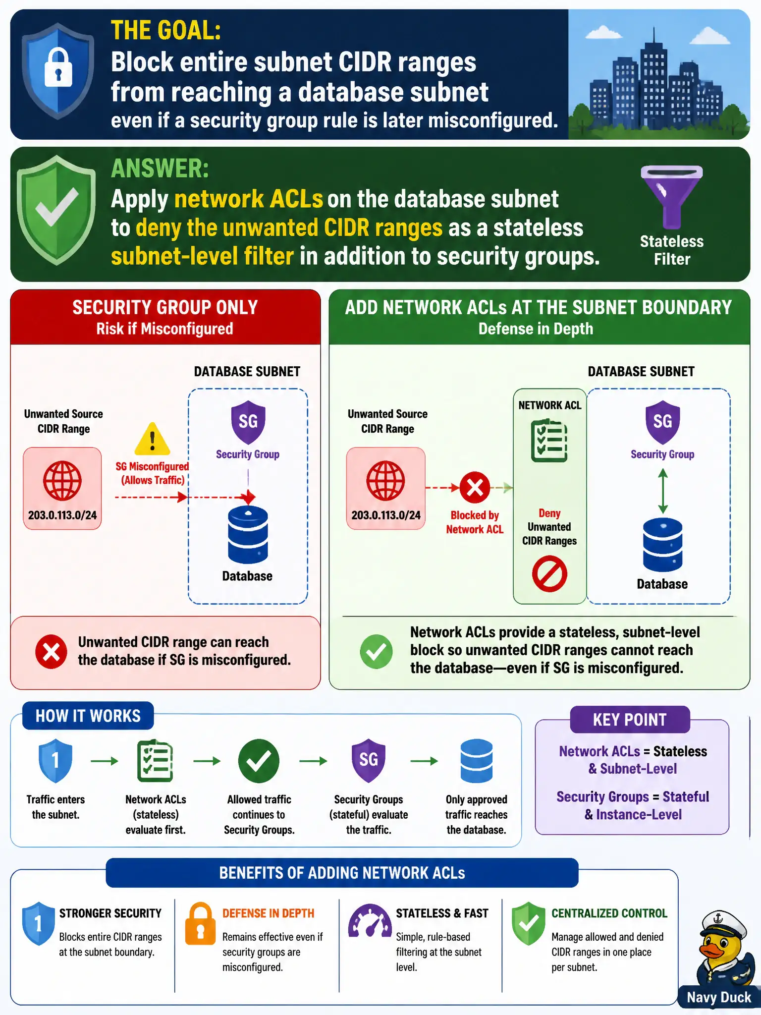 To Create an exciting colorful infographic that explains the concepts in the question: Question: A city wants to block entire subnet CIDR ranges from reaching a database subnet even if a security group rule is later misconfigured. Which control should the architect add at the subnet boundary? Correct Answer: Apply network ACLs on the database subnet to deny the unwanted CIDR ranges as a stateless subnet-level filter in addition to security groups. Put EVERY visible label in double quotes. No people. No A/B/C/D letters. In one of the four corners put a little "Navy Duck".