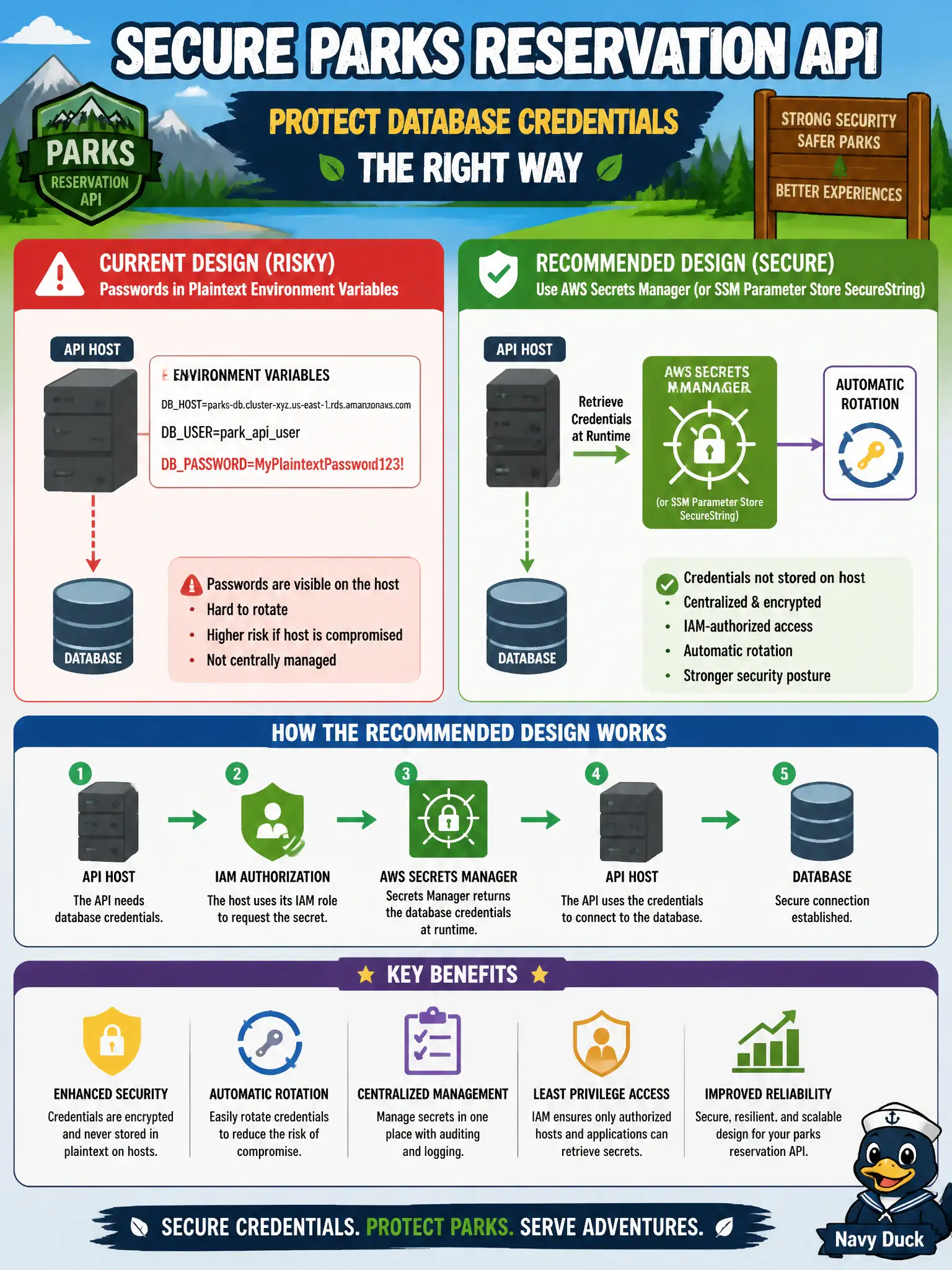 To Create an exciting colorful infographic that explains the concepts in the question: Question: A parks reservation API currently stores database passwords in plaintext environment variables on its hosts. Which design best improves credential security? Correct Answer: Store database credentials in AWS Secrets Manager (or SSM Parameter Store SecureString) and retrieve them at runtime with IAM-authorized access and rotation. Put EVERY visible label in double quotes. No people. No A/B/C/D letters. In one of the four corners put a little "Navy Duck".