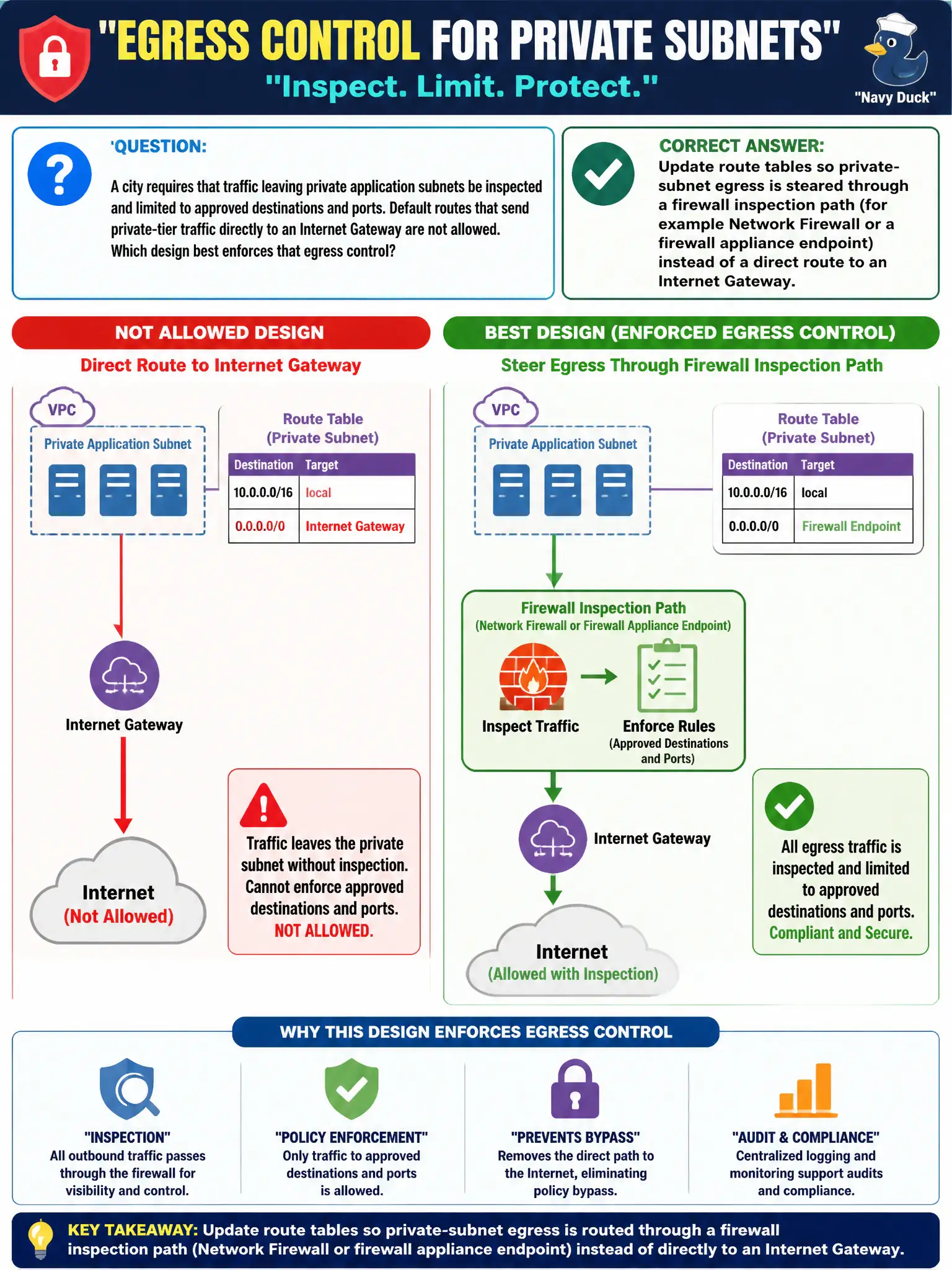 To Create an exciting colorful infographic that explains the concepts in the question: Question: A city requires that traffic leaving private application subnets be inspected and limited to approved destinations and ports. Default routes that send private-tier traffic directly to an Internet Gateway are not allowed. Which design best enforces that egress control? Correct Answer: Update route tables so private-subnet egress is steered through a firewall inspection path (for example Network Firewall or a firewall appliance endpoint) instead of a direct route to an Internet Gateway Put EVERY visible label in double quotes. No people. No A/B/C/D letters. In one of the four corners put a little "Navy Duck".