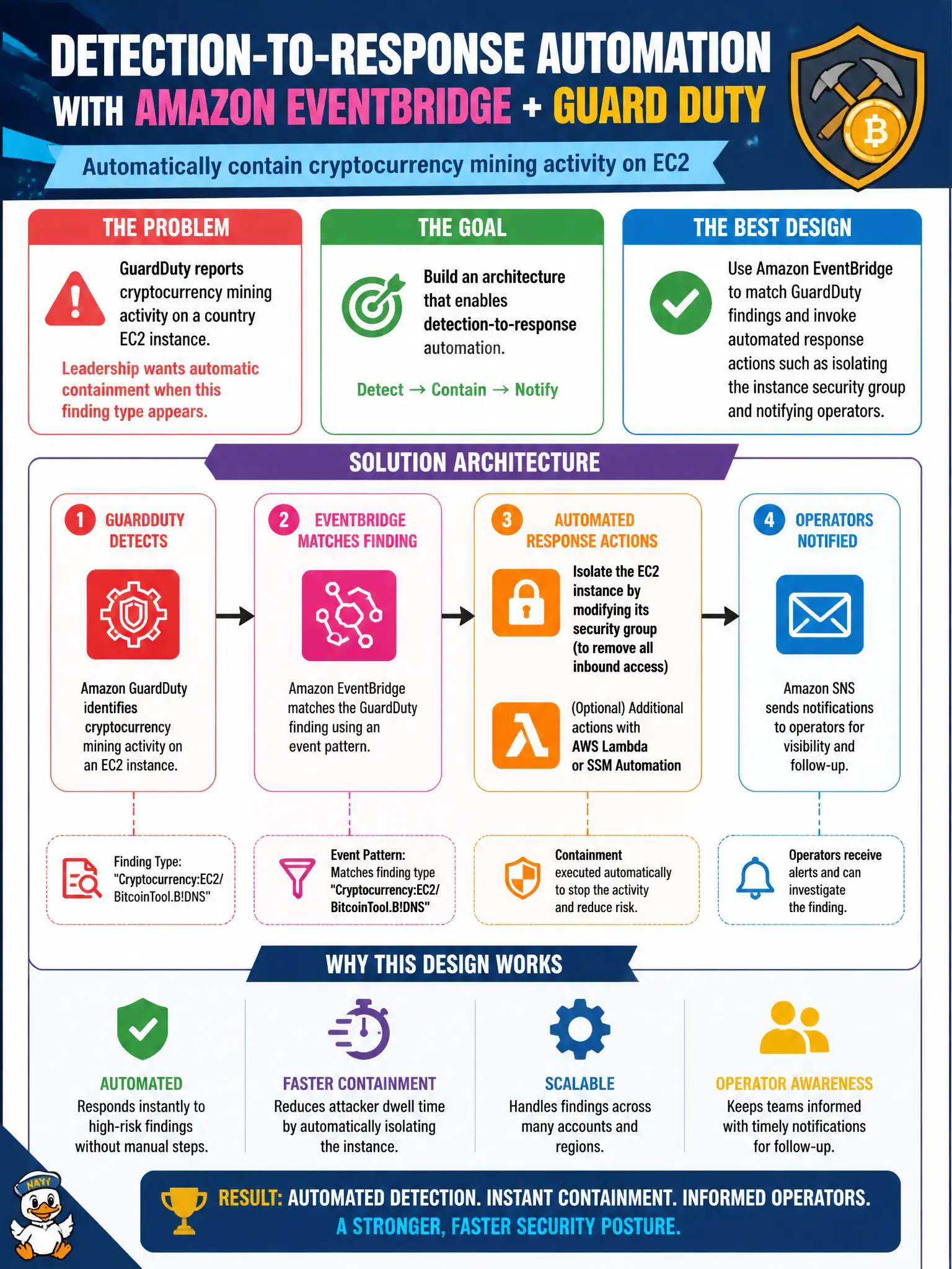 To Create an exciting colorful infographic that explains the concepts in the question: Question: GuardDuty reports cryptocurrency mining activity on a county EC2 instance. Leadership wants an architecture that can automatically start containment when that finding type appears. Which design best supports detection-to-response automation? Correct Answer: Use Amazon EventBridge to match GuardDuty findings and invoke automated response actions such as isolating the instance security group and notifying operators Put EVERY visible label in double quotes. No people. No A/B/C/D letters. In one of the four corners put a little "Navy Duck".
