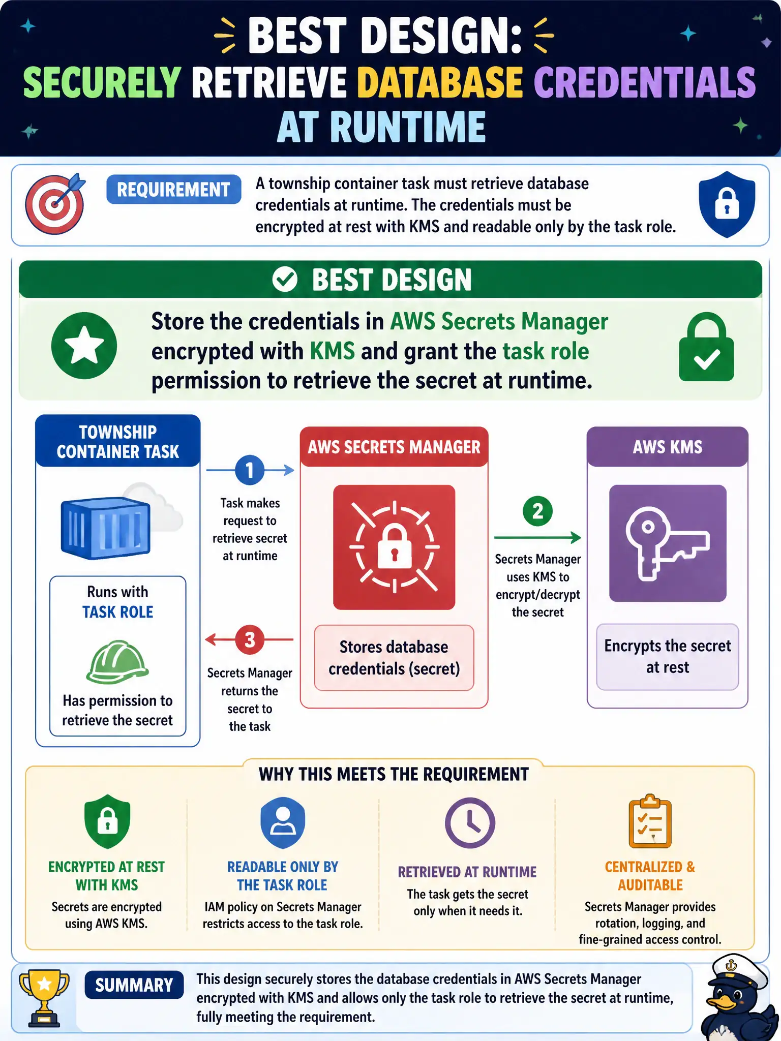 To Create an exciting colorful infographic that explains the concepts in the question: Question: A township container task must retrieve database credentials at runtime. The credentials must be encrypted at rest with KMS and readable only by the task role. Which design best meets that requirement? Correct Answer: Store the credentials in AWS Secrets Manager encrypted with KMS and grant the task role permission to retrieve the secret at runtime Put EVERY visible label in double quotes. No people. No A/B/C/D letters. In one of the four corners put a little "Navy Duck".