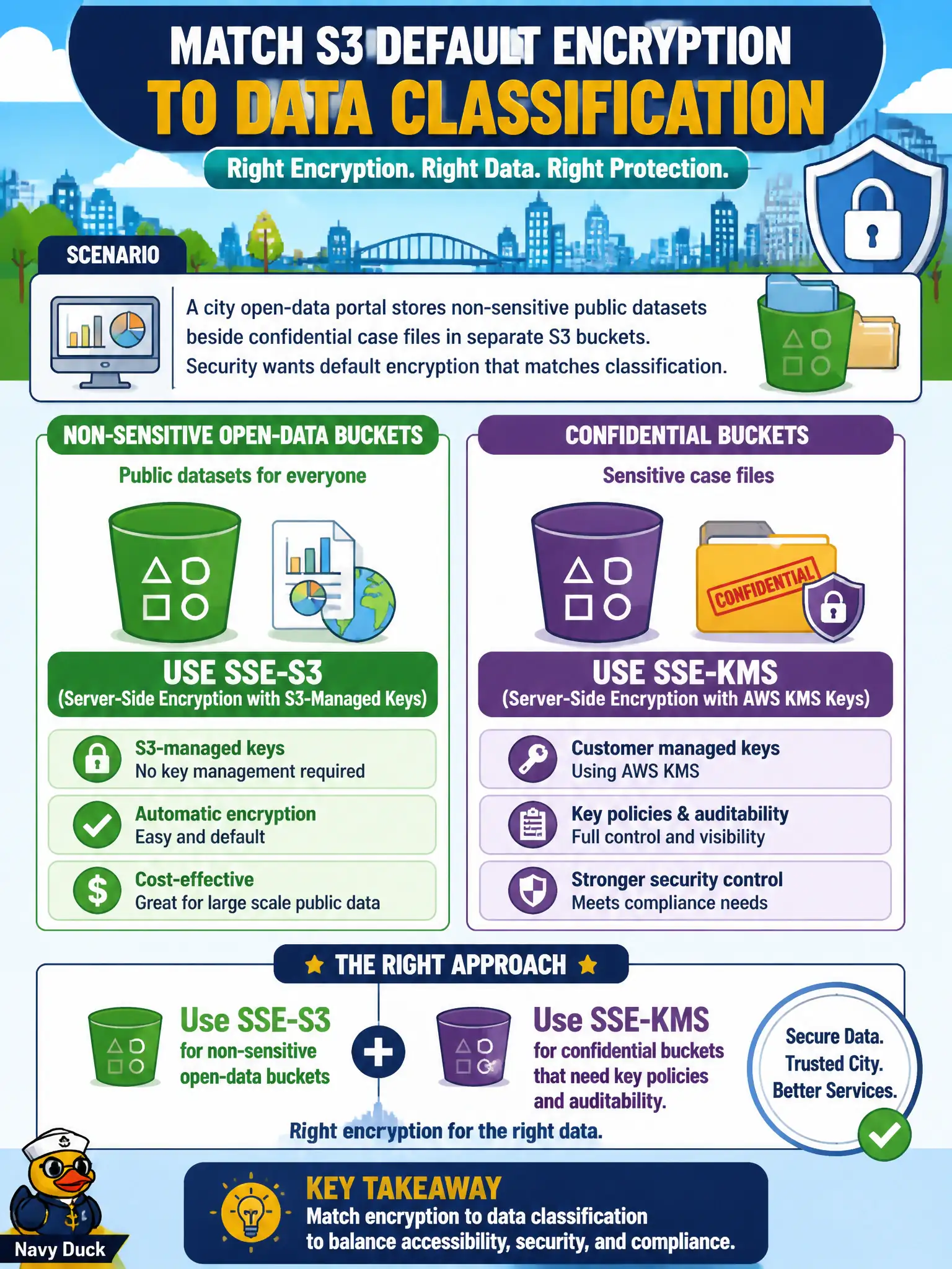 To Create an exciting colorful infographic that explains the concepts in the question: Question: A city open-data portal stores non-sensitive public datasets beside confidential case files in separate S3 buckets. Security wants default encryption that matches classification. Which approach is appropriate? Correct Answer: Use SSE-S3 default encryption for non-sensitive open-data buckets and SSE-KMS for confidential buckets that need key policies and auditability. Put EVERY visible label in double quotes. No people. No A/B/C/D letters. In one of the four corners put a little "Navy Duck".