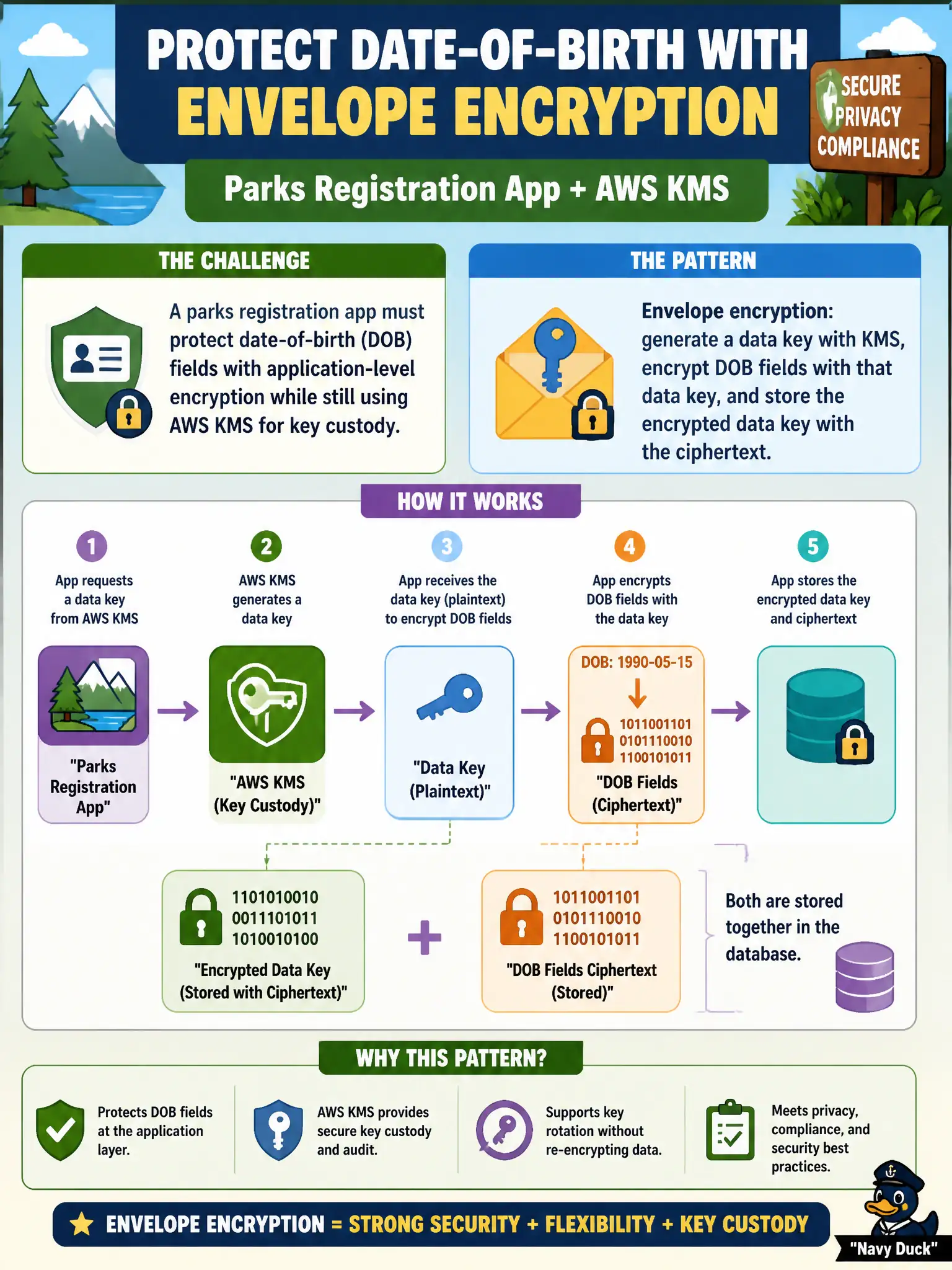 To Create an exciting colorful infographic that explains the concepts in the question: Question: A parks registration app must protect date-of-birth fields with application-level encryption while still using AWS KMS for key custody. Which pattern should the architect design? Correct Answer: Envelope encryption: generate a data key with KMS, encrypt DOB fields with that data key, and store the encrypted data key with the ciphertext. Put EVERY visible label in double quotes. No people. No A/B/C/D letters. In one of the four corners put a little "Navy Duck".