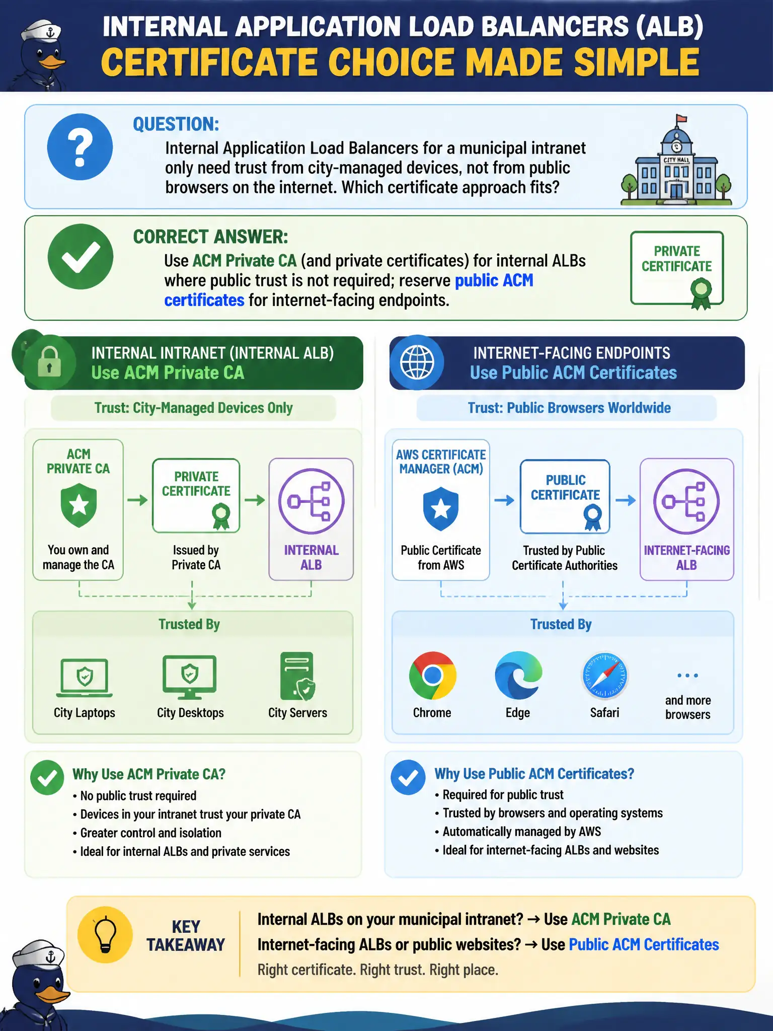 To Create an exciting colorful infographic that explains the concepts in the question: Question: Internal Application Load Balancers for a municipal intranet only need trust from city-managed devices, not from public browsers on the internet. Which certificate approach fits? Correct Answer: Use ACM Private CA (and private certificates) for internal ALBs where public trust is not required; reserve public ACM certificates for internet-facing endpoints. Put EVERY visible label in double quotes. No people. No A/B/C/D letters. In one of the four corners put a little "Navy Duck".